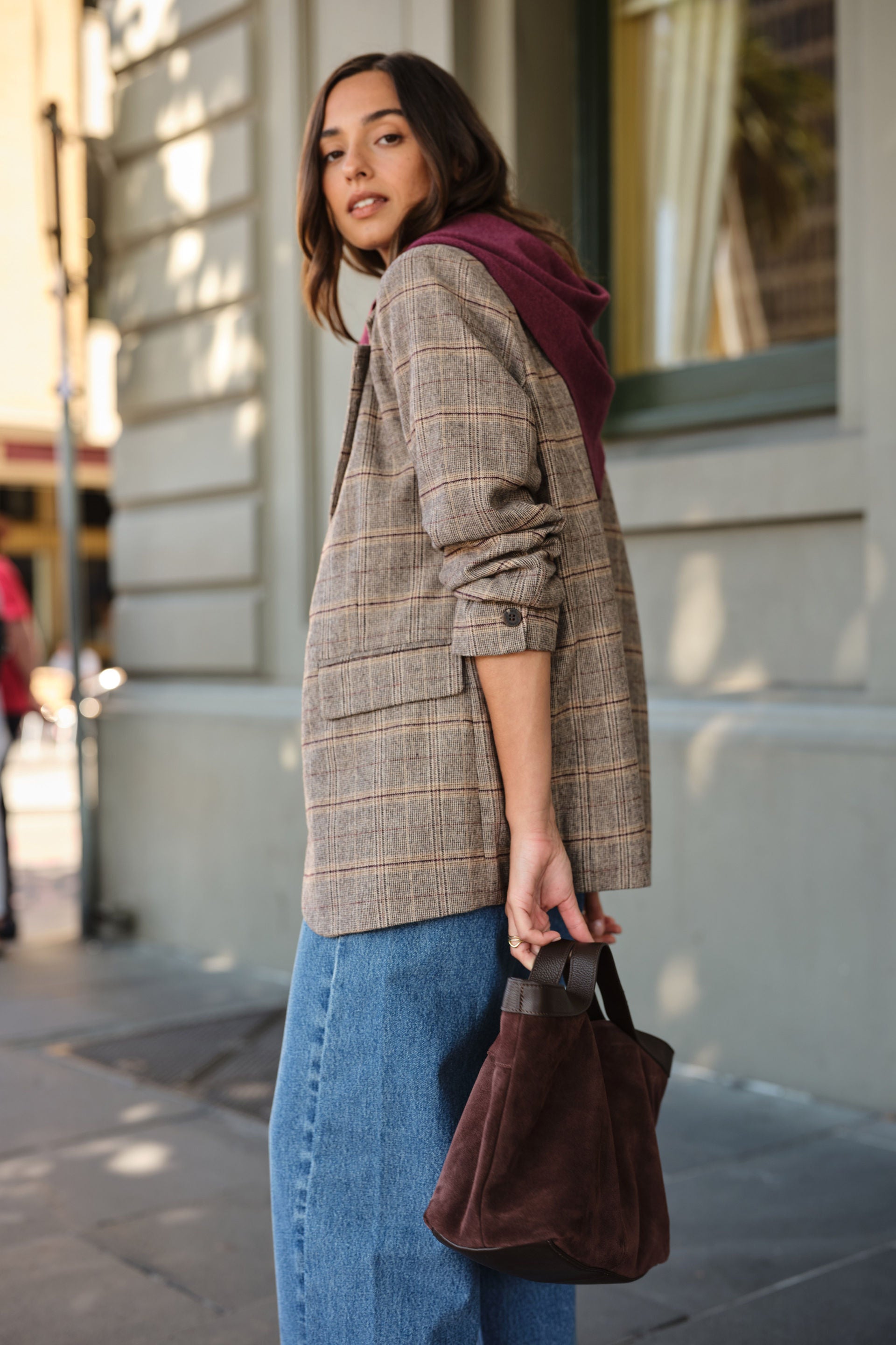 Ceres Life Joni Blazer in Brown Check, styled full length