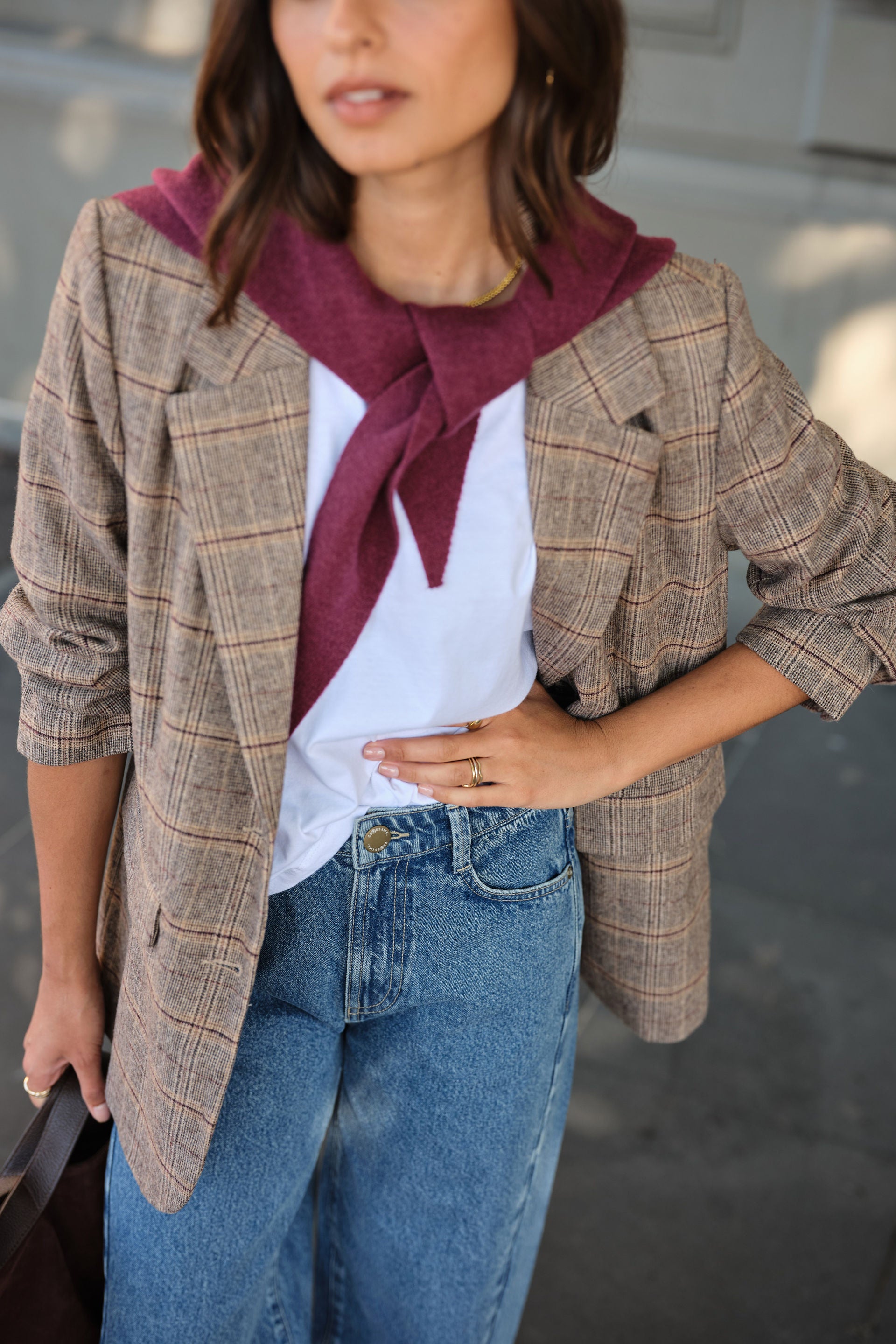 Ceres Life Joni Blazer in Brown Check, fabric and lining close-up