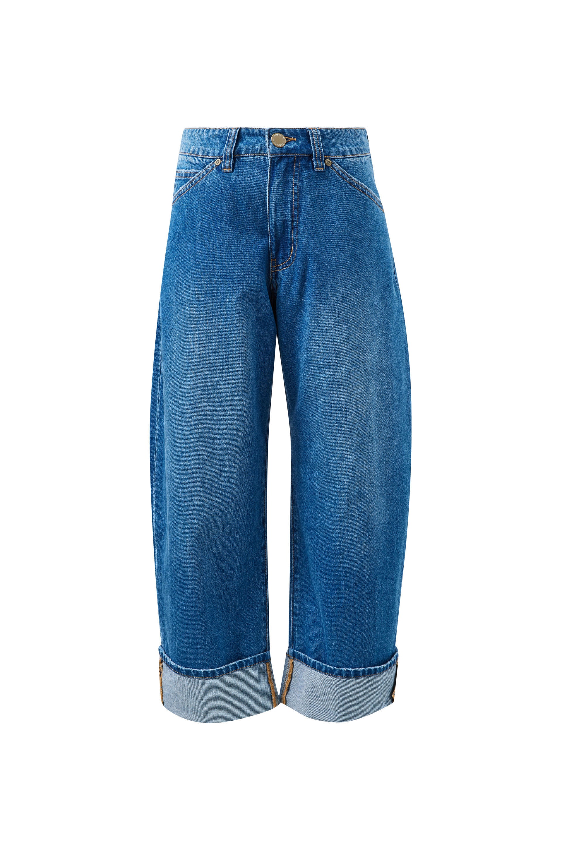 Ceres Life Frannie Cuffed Barrel Jean in Fresh Indigo, folded cuff and barrel leg detail