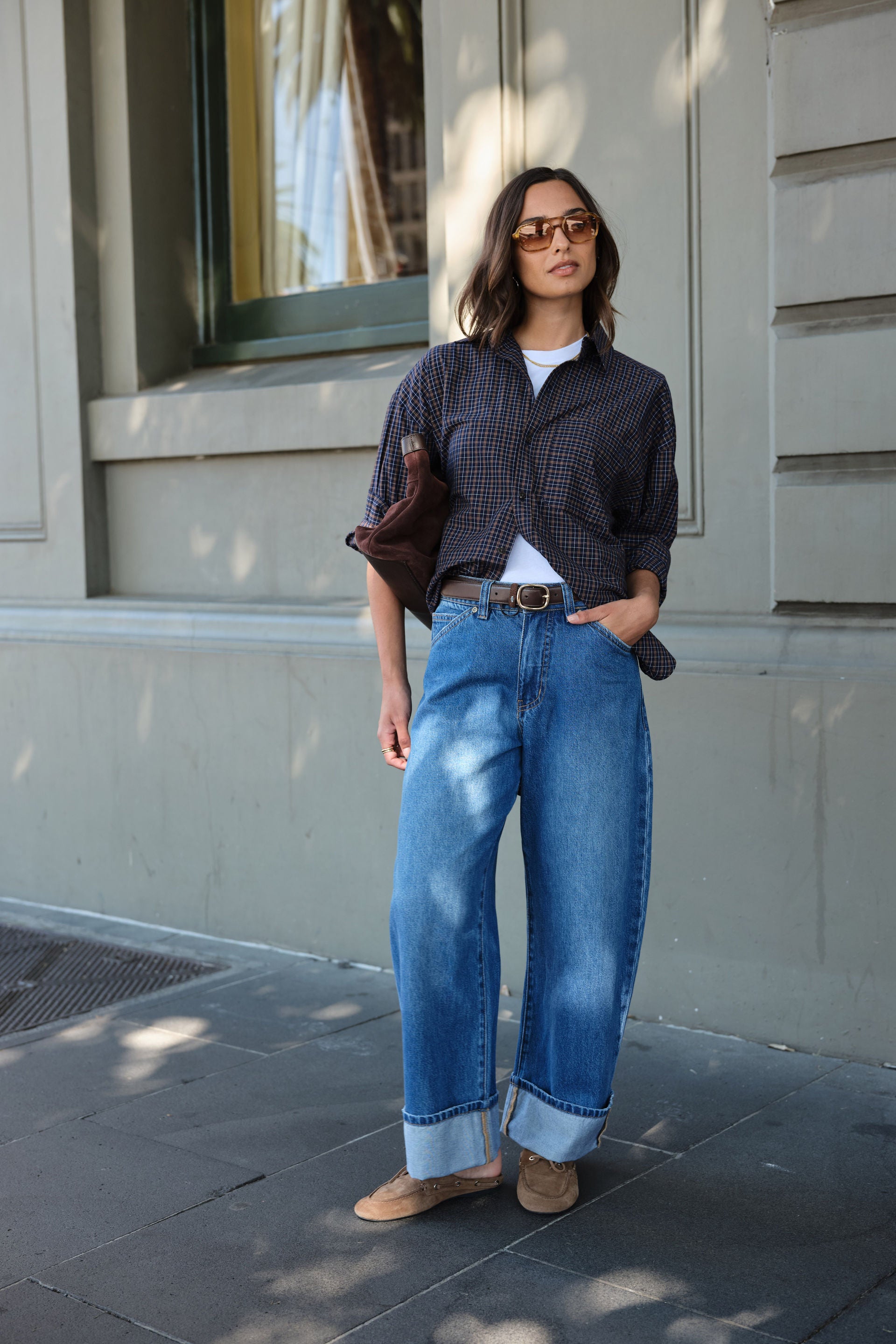 Ceres Life Frannie Cuffed Barrel Jean in Fresh Indigo denim, front view