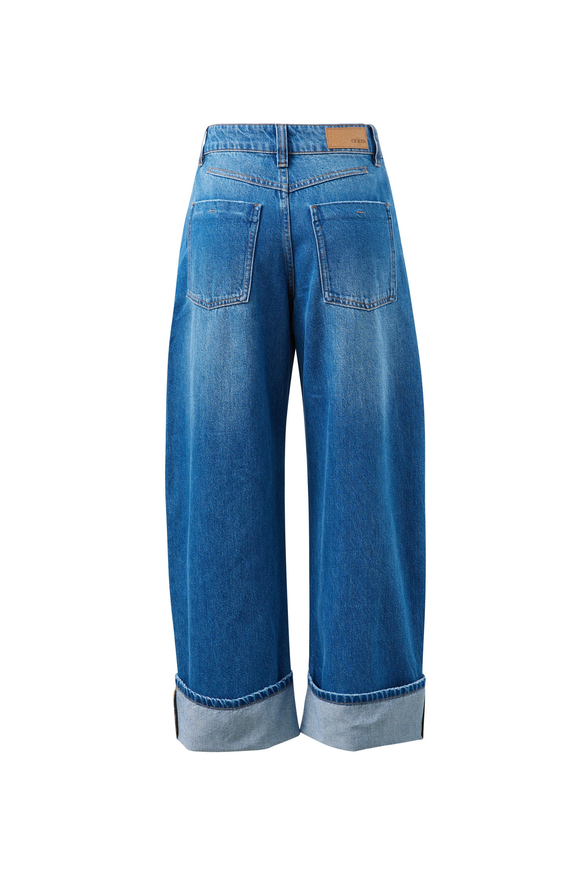 Ceres Life Frannie Cuffed Barrel Jean in Fresh Indigo, styled full length