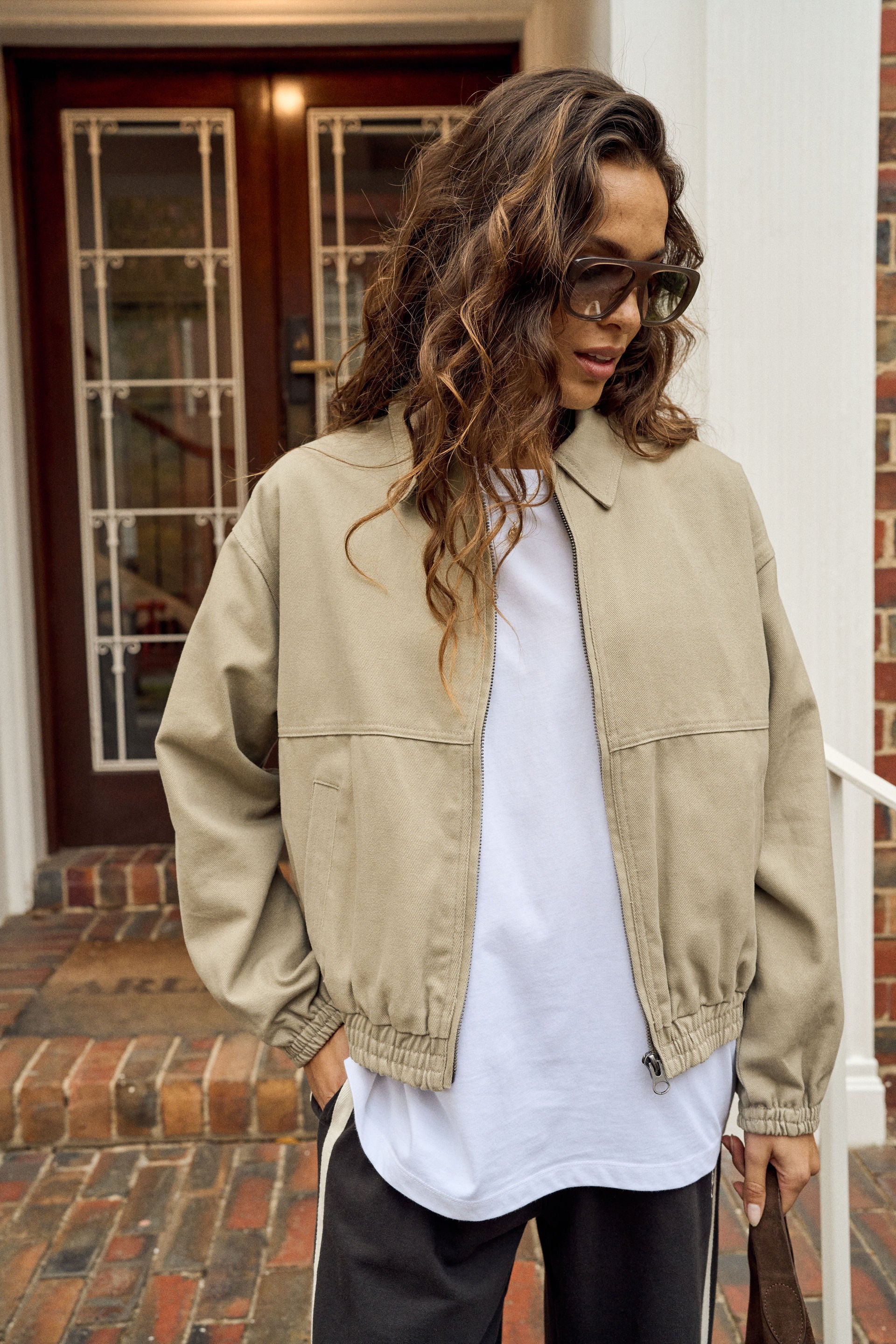 Ceres Life Annie Bomber Jacket in Ash Green, fabric detail
