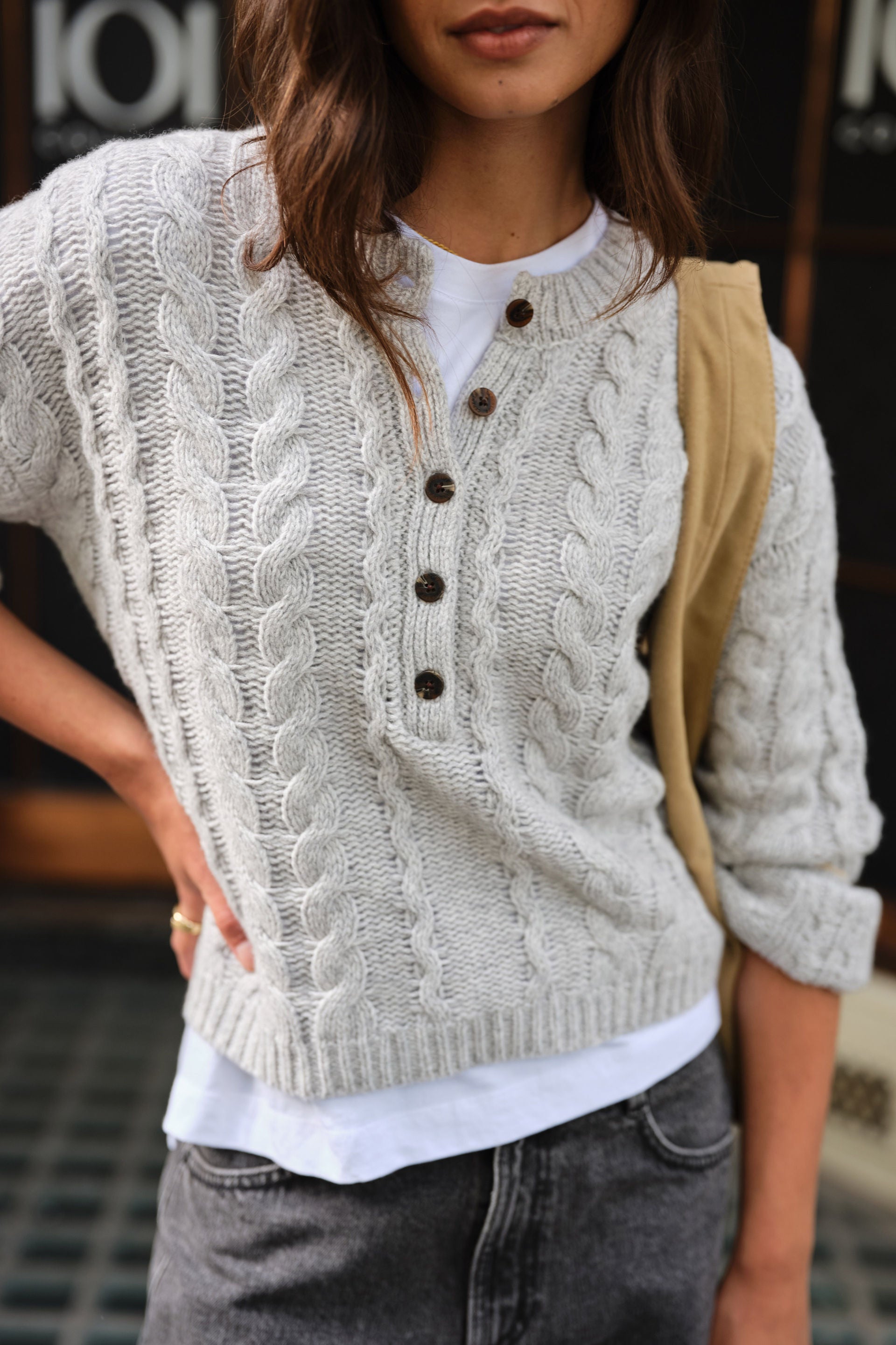 Enid Cable Knit Henley - Silver Marle