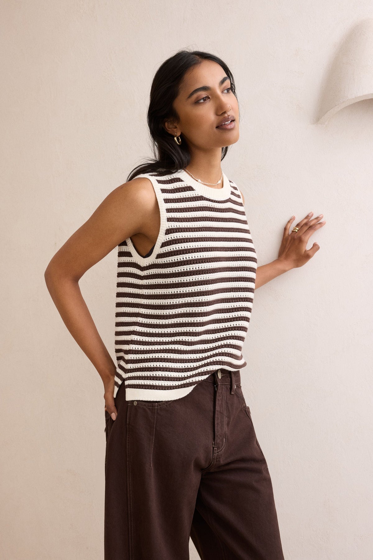 Maddy Mesh Knit Tank - Brunette Stripe