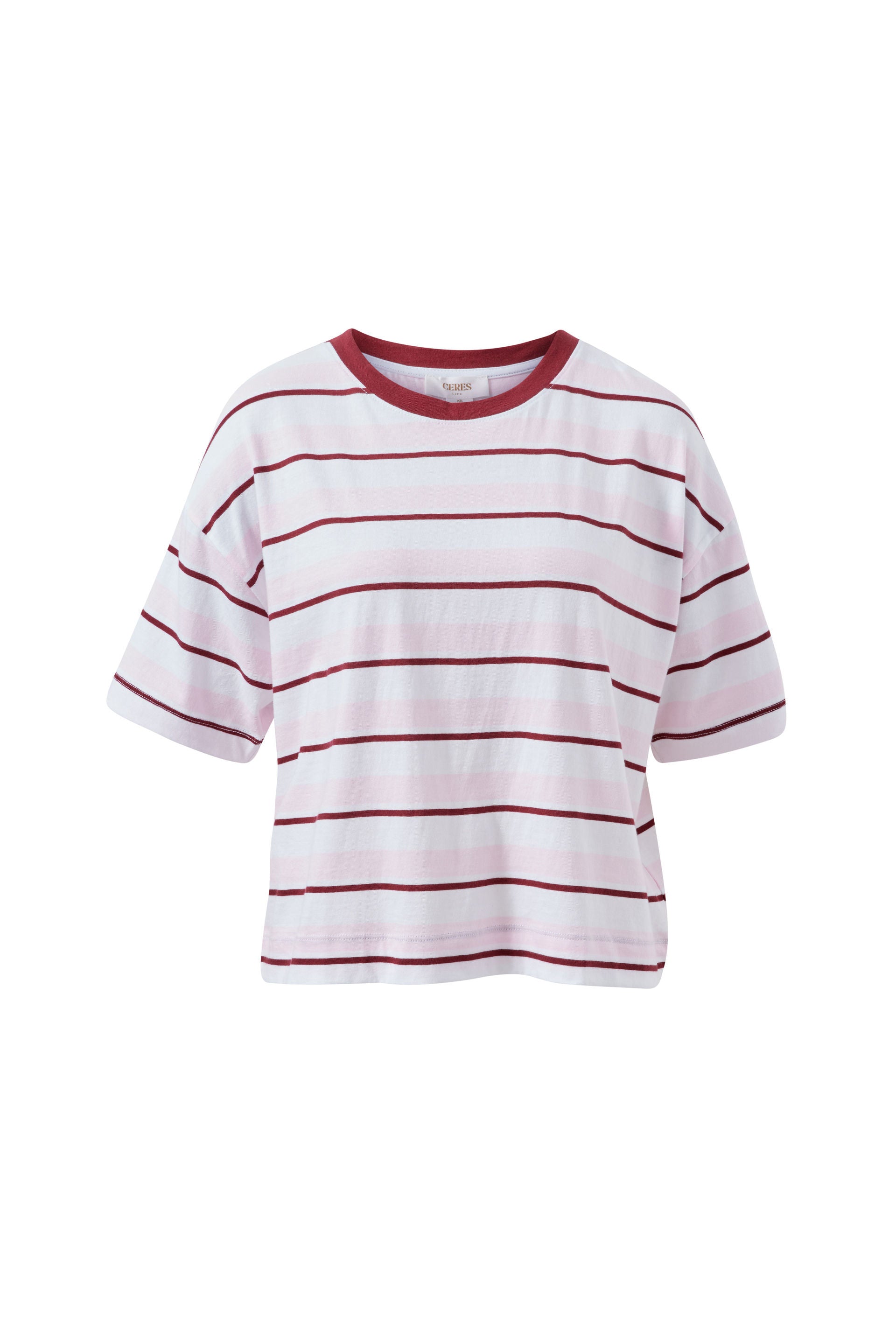 Ceres Life Brea Boxy Tee in Sunfaded Pink/Mulburry Stripe, front view