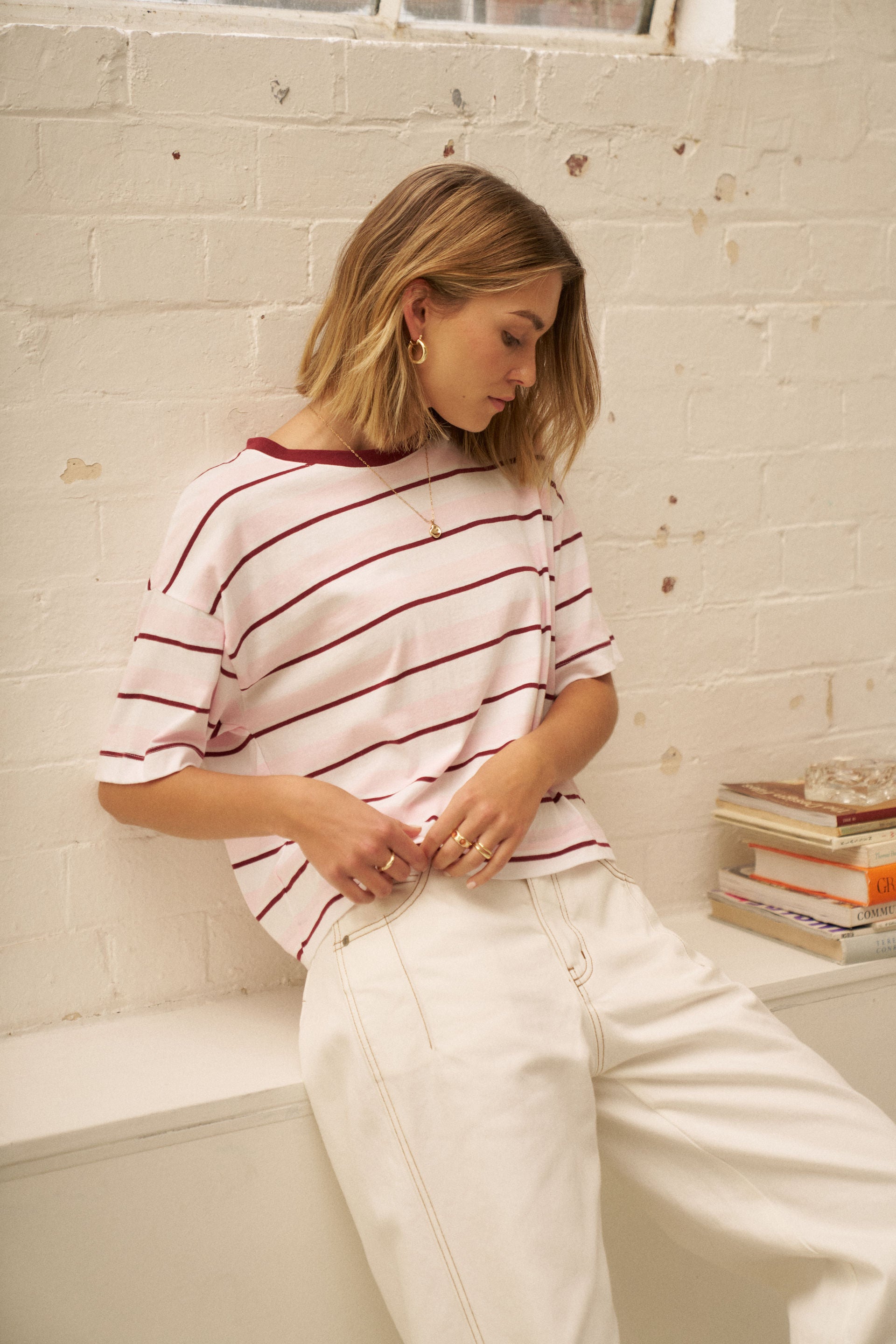 Ceres Life Brea Boxy Tee in Sunfaded Pink/Mulburry Stripe, styled detail