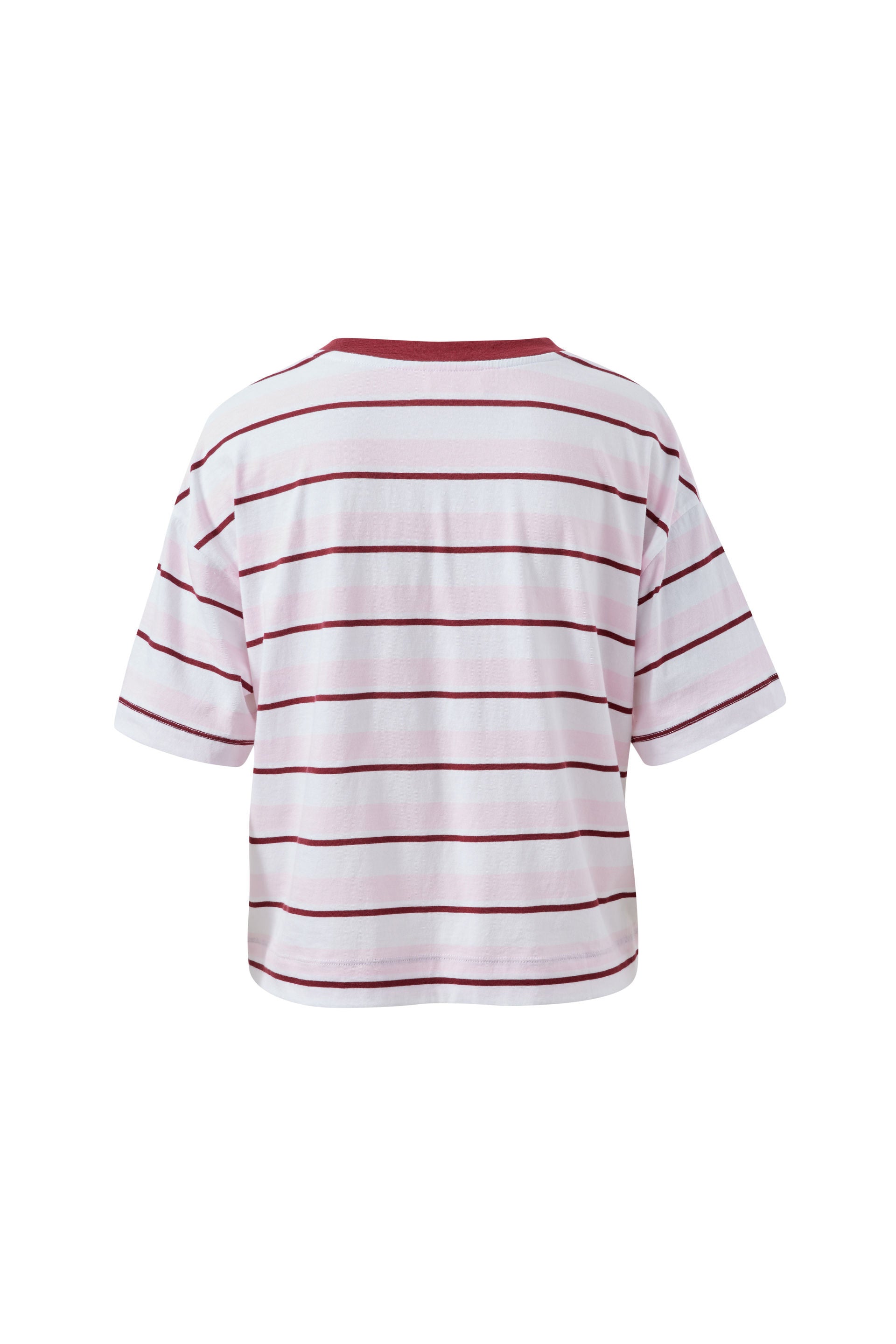 Ceres Life Brea Boxy Tee in Sunfaded Pink/Mulburry Stripe, back view