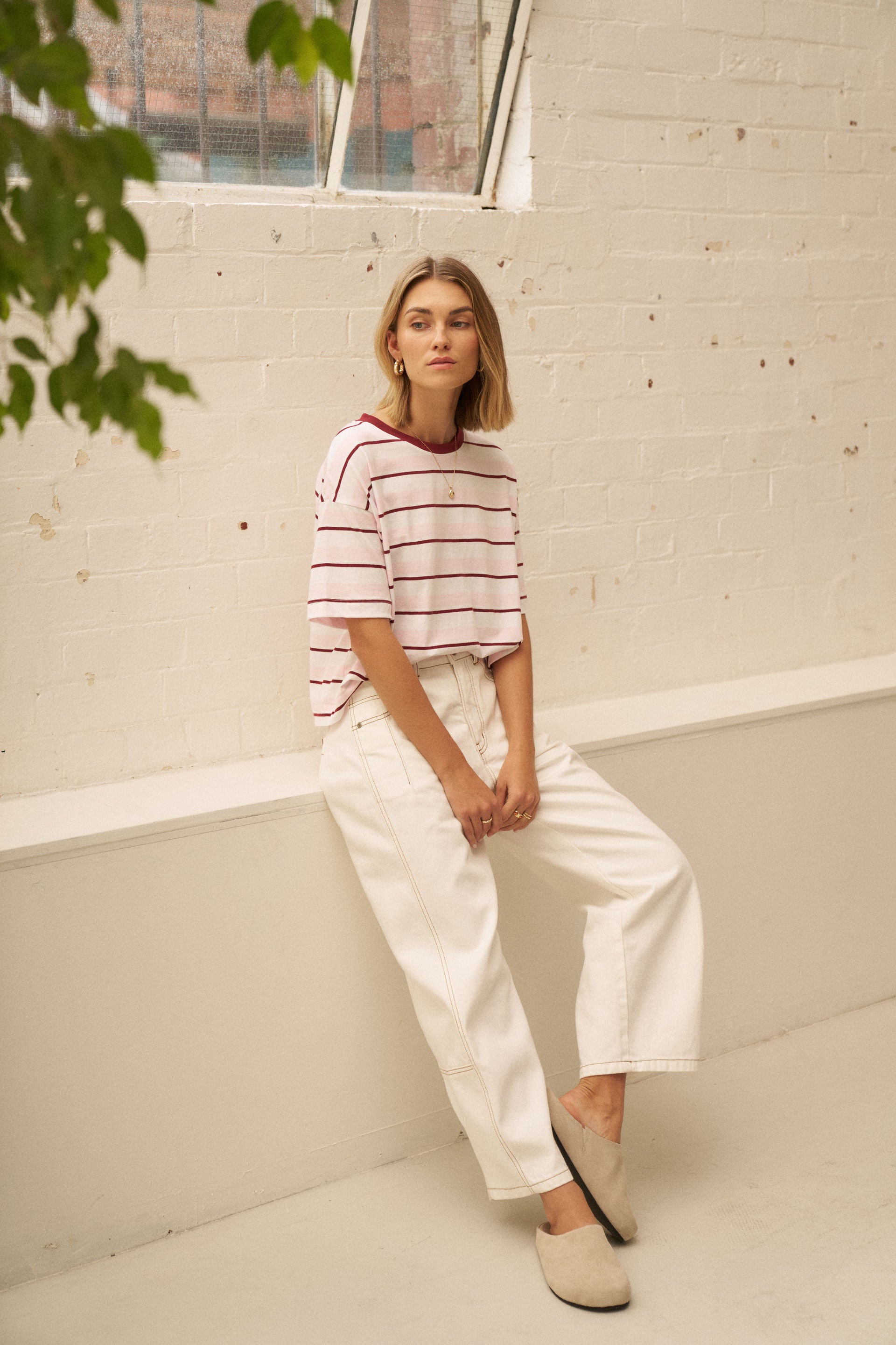 Ceres Life Brea Boxy Tee in Sunfaded Pink/Mulburry Stripe, detail