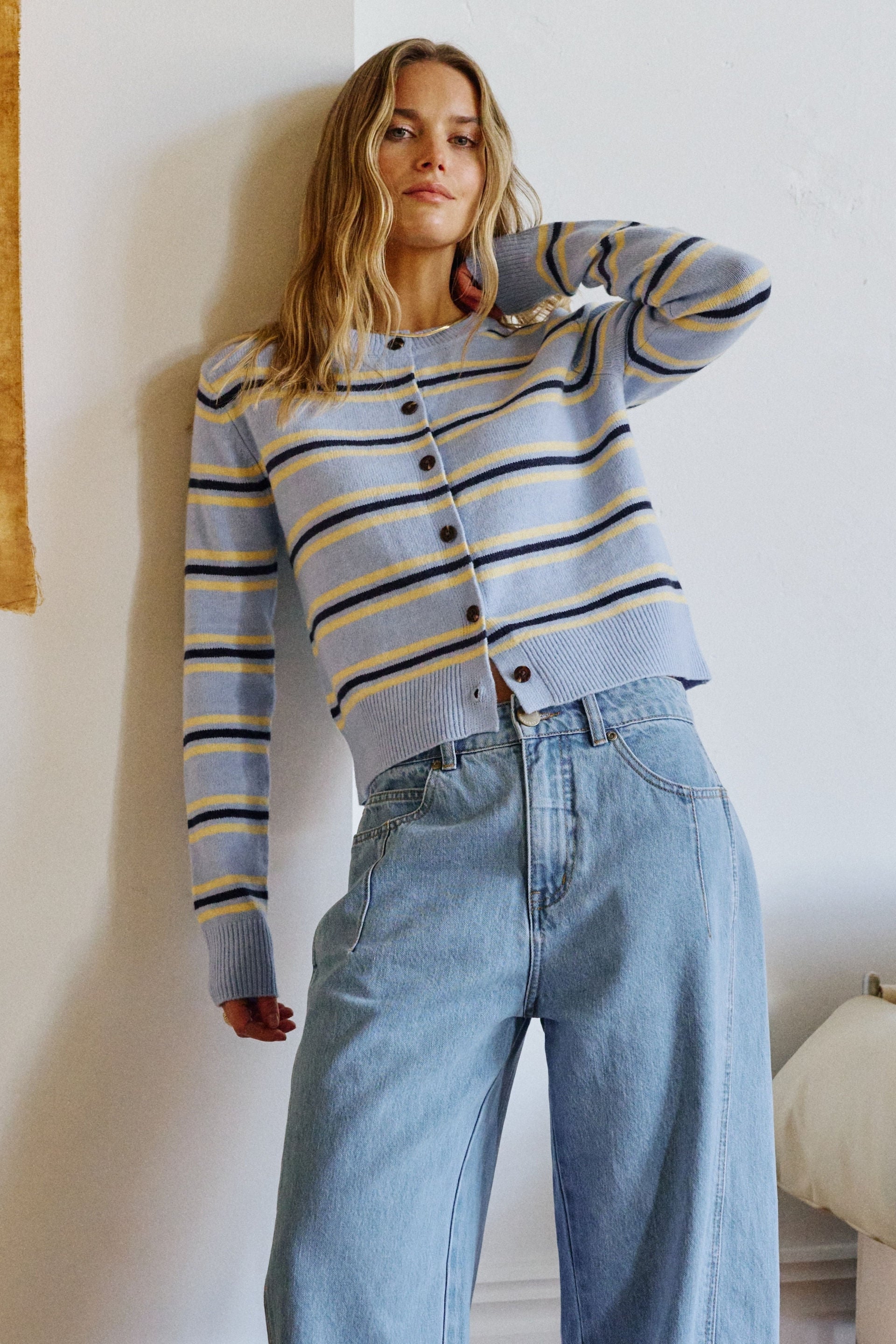 Laine Long Sleeve Knit Cardi, Blue Stripe