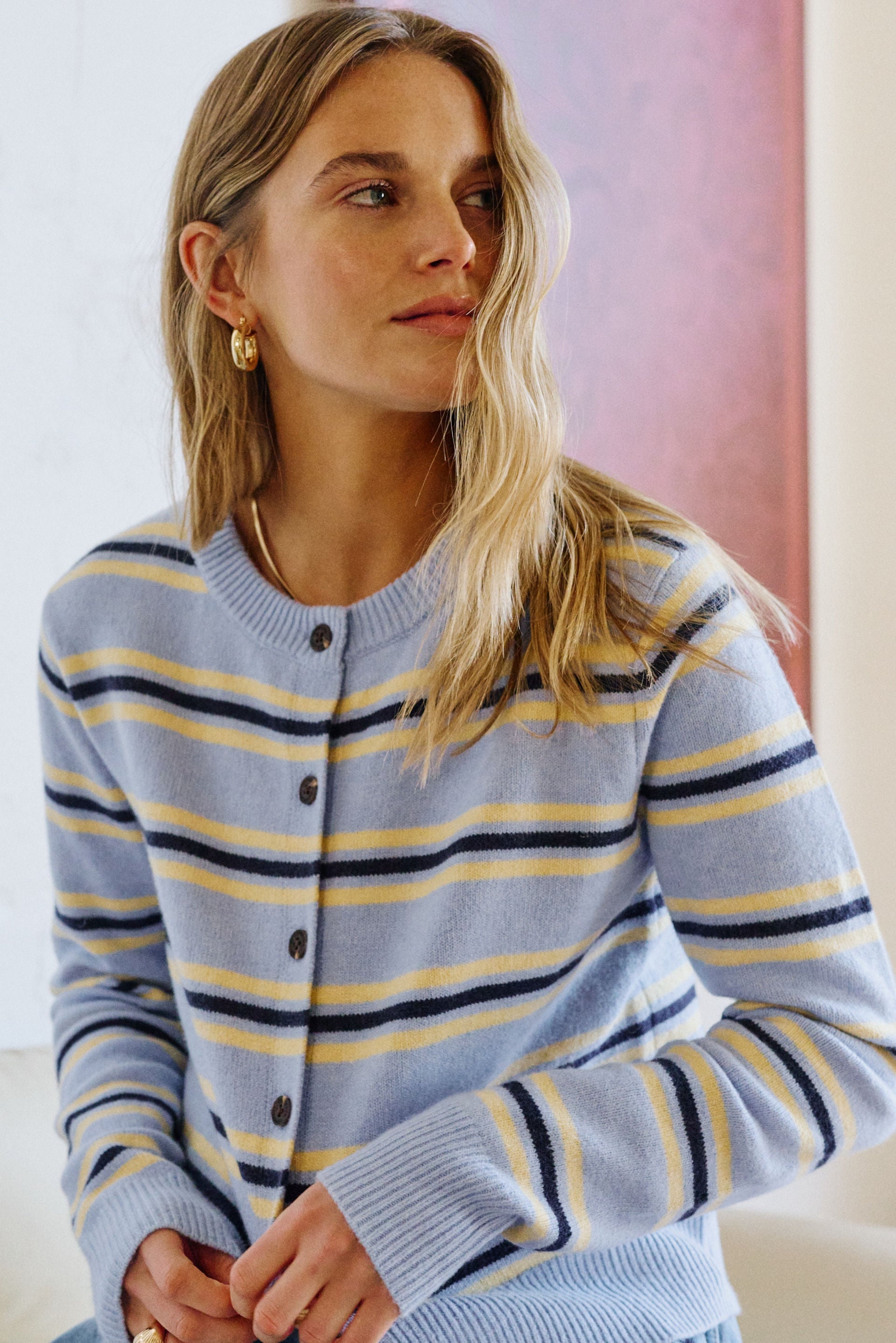 Laine Long Sleeve Knit Cardi, Blue Stripe