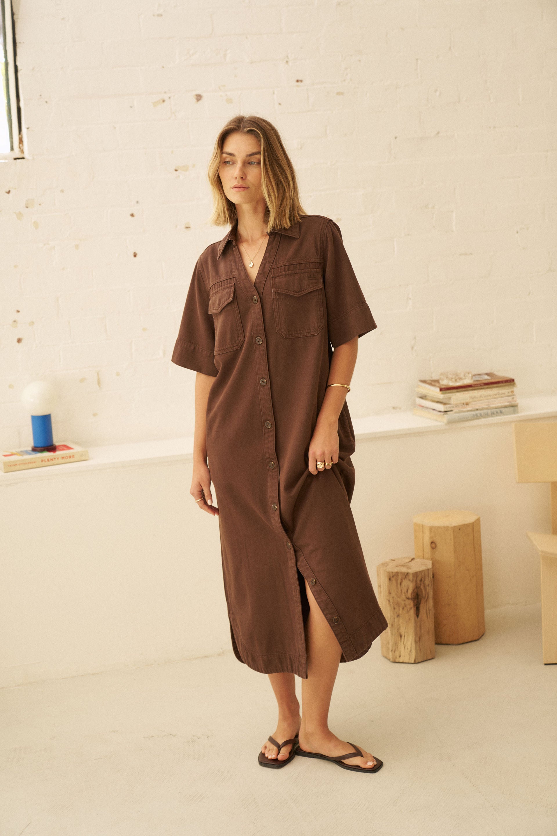 Ceres Life Sloane Short Sleeve Midi Dress in Chocolate, styled detail