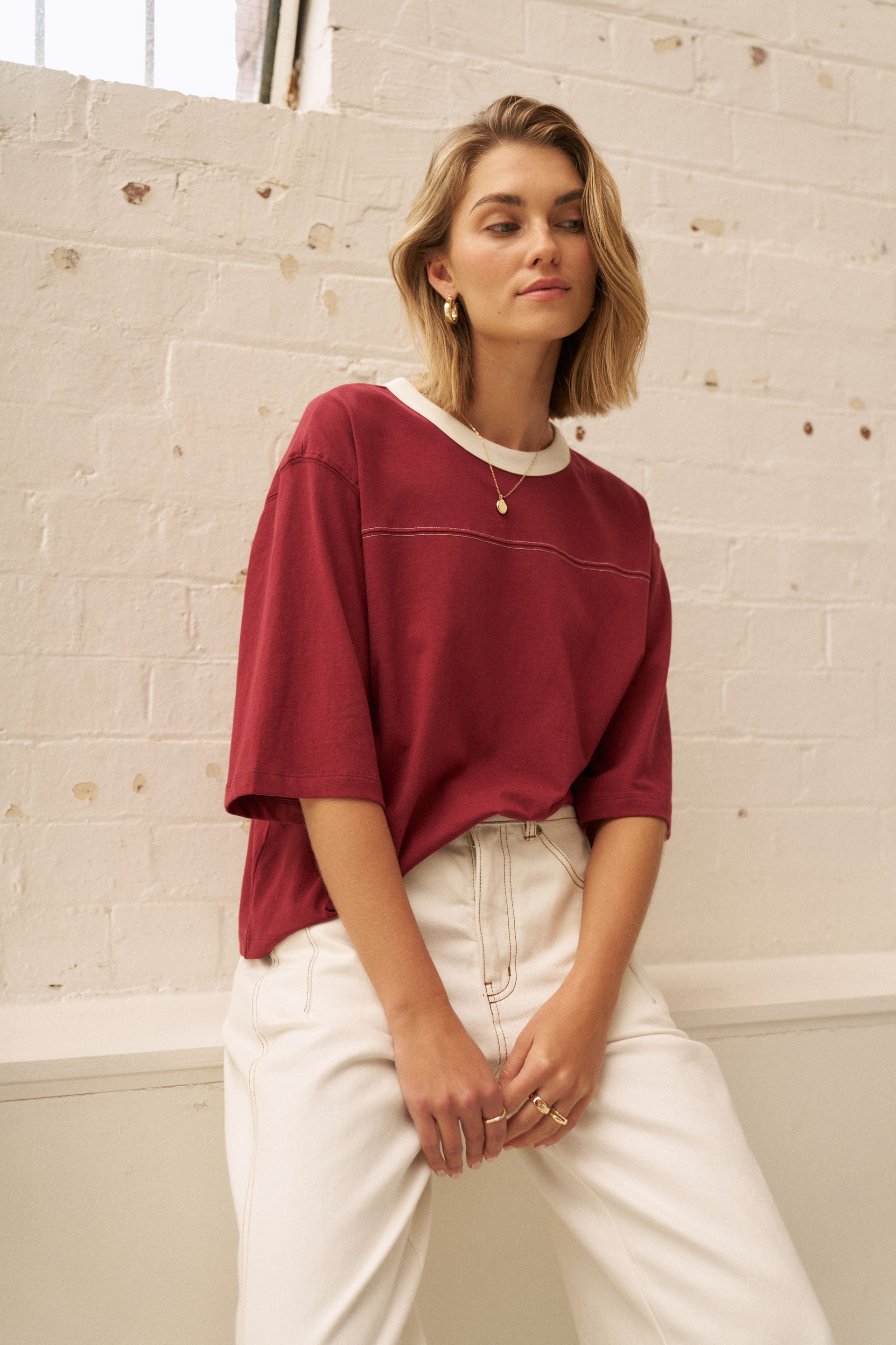 Ceres Life Devon Slouchy Seam Tee in Mulberry, styled detail