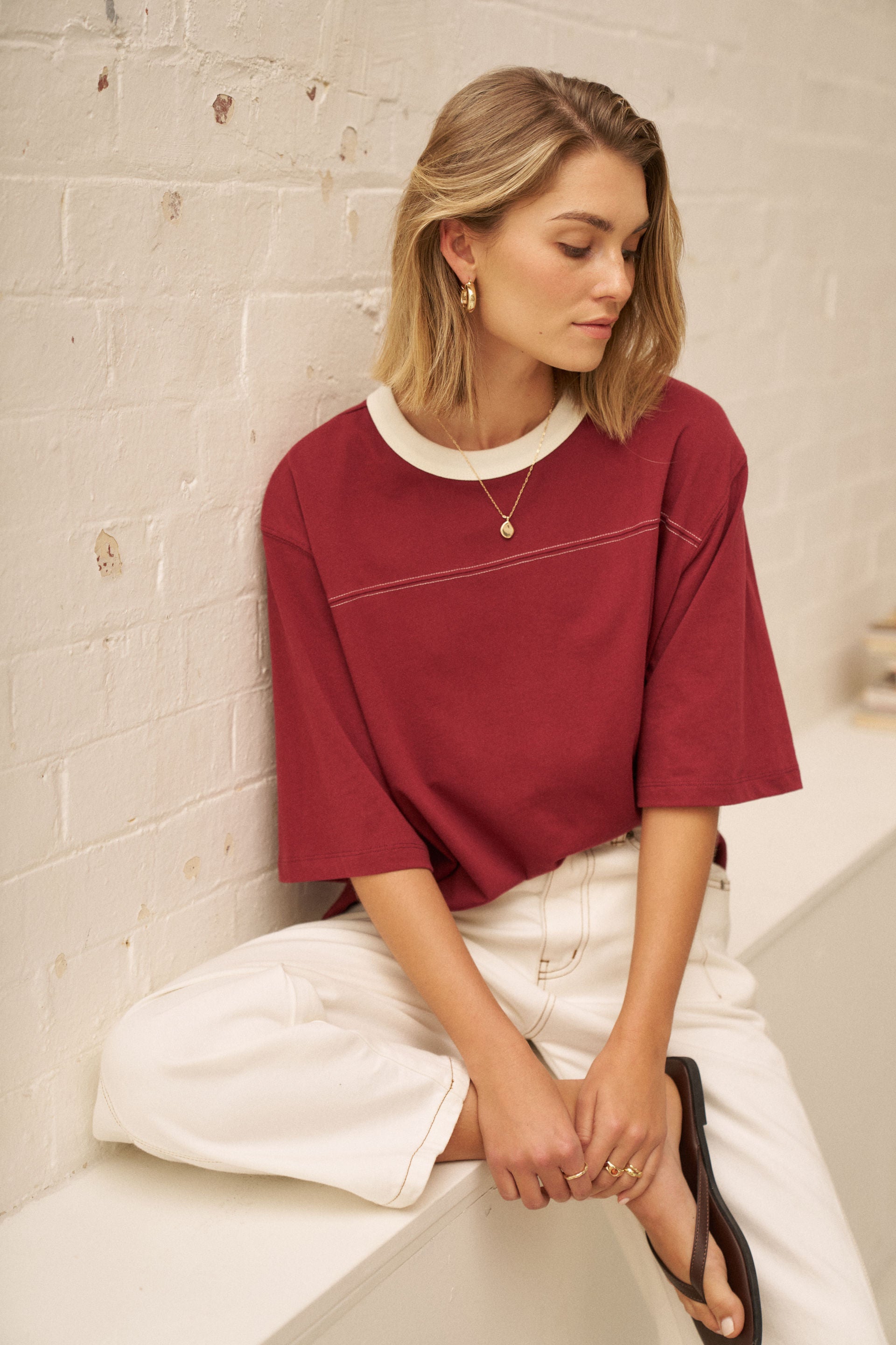 Ceres Life Devon Slouchy Seam Tee in Mulberry, detail
