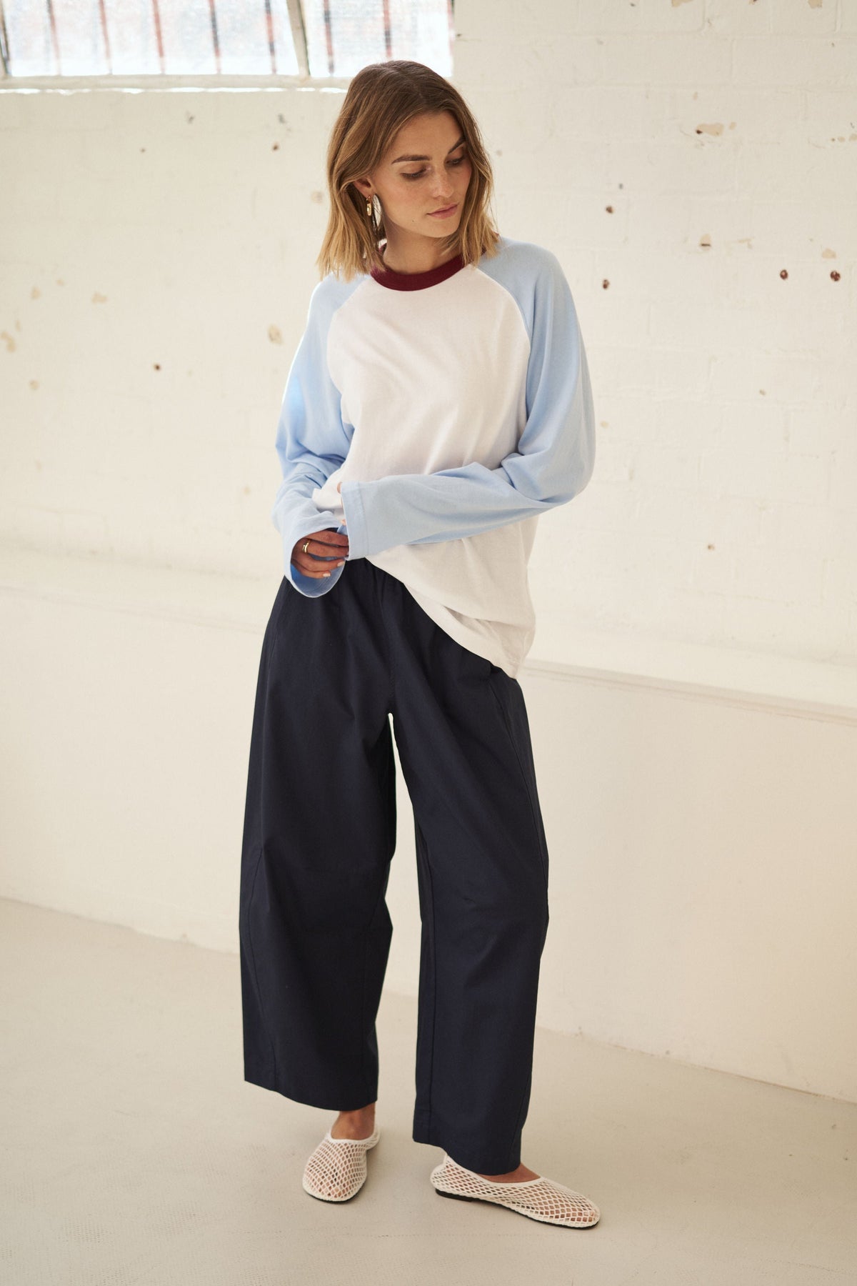 Ceres Life Bella Barrel Pant in True Navy, model shot
