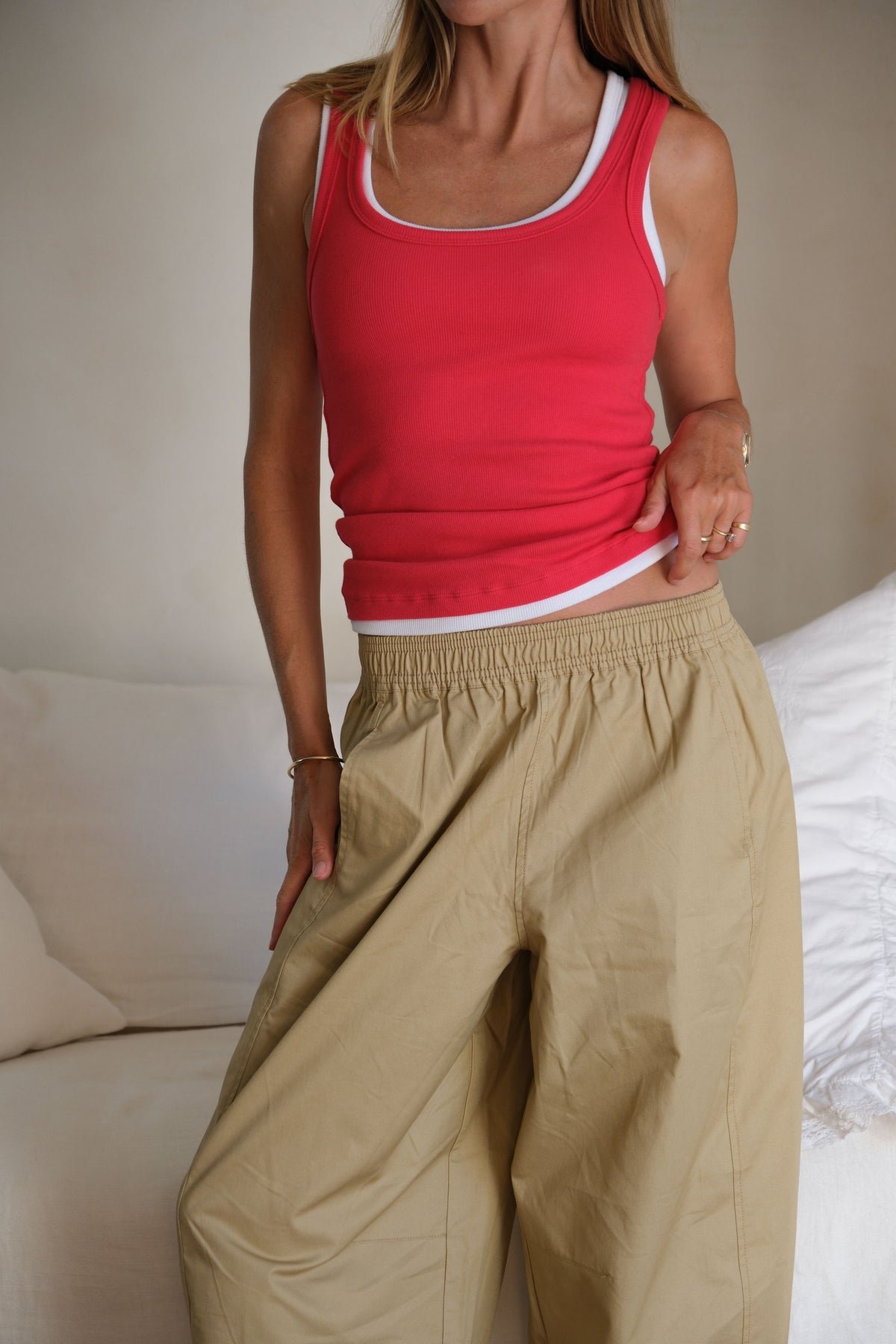 Ceres Life Skylar Layered Rib Tank - Red/White, front view
