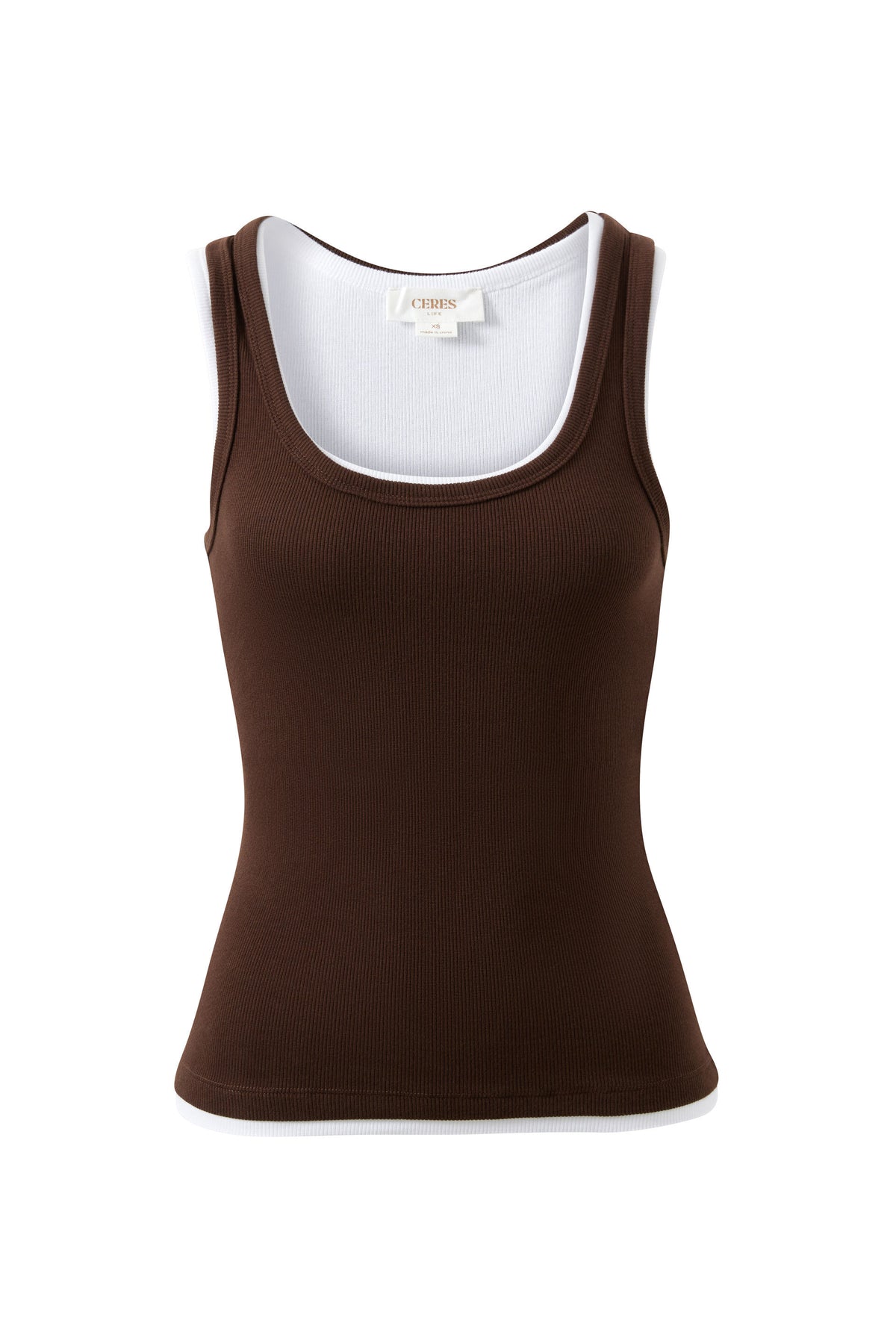 Ceres Life Skylar Layered Rib Tank - Choc/White, styled