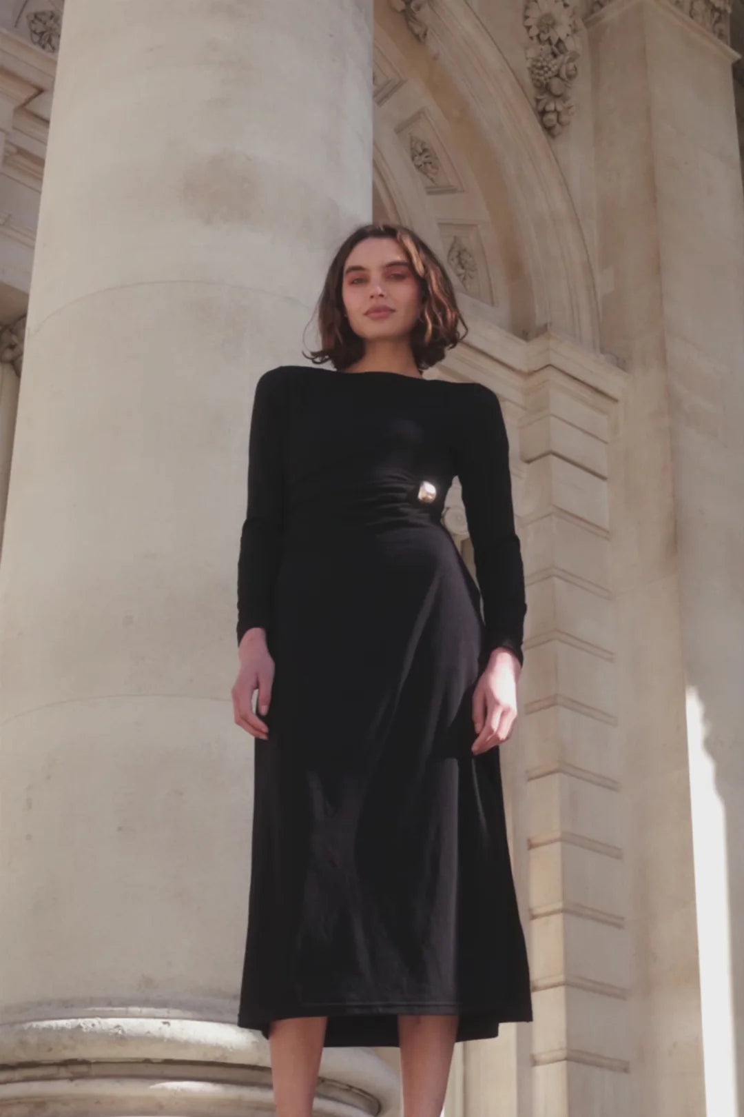 Course Waist Buckle Knit Long Sleeve Midi Dress - Black