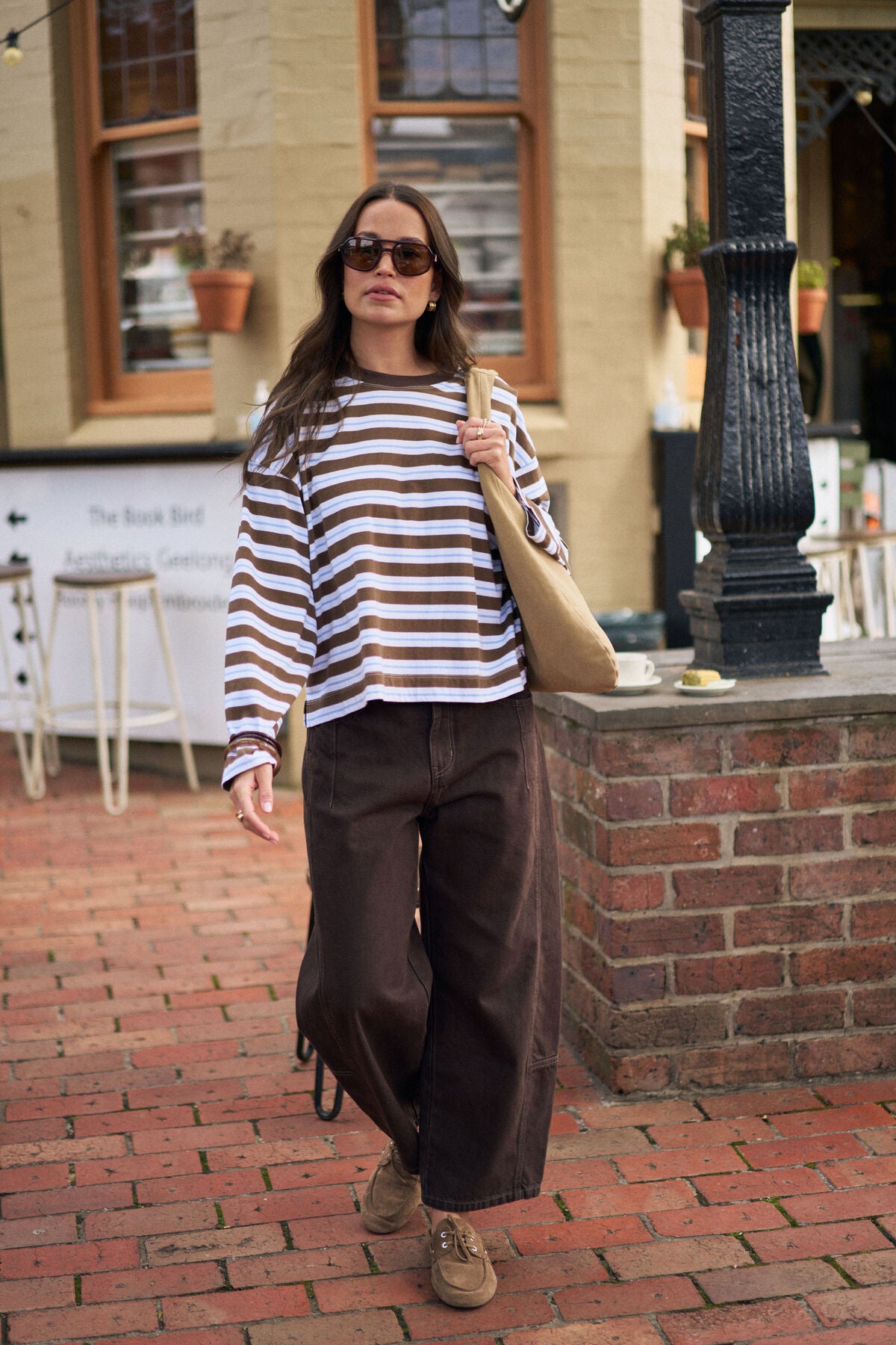 Beau Long Sleeve Slouchy Tee -   cocoa sky blue stripe