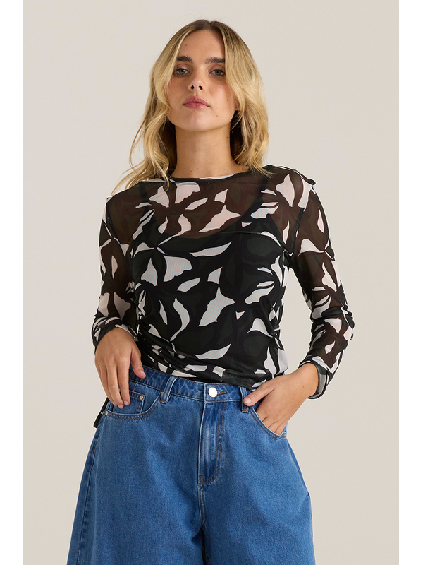 Tarni Mesh Top - Iris Abstract Print - Black