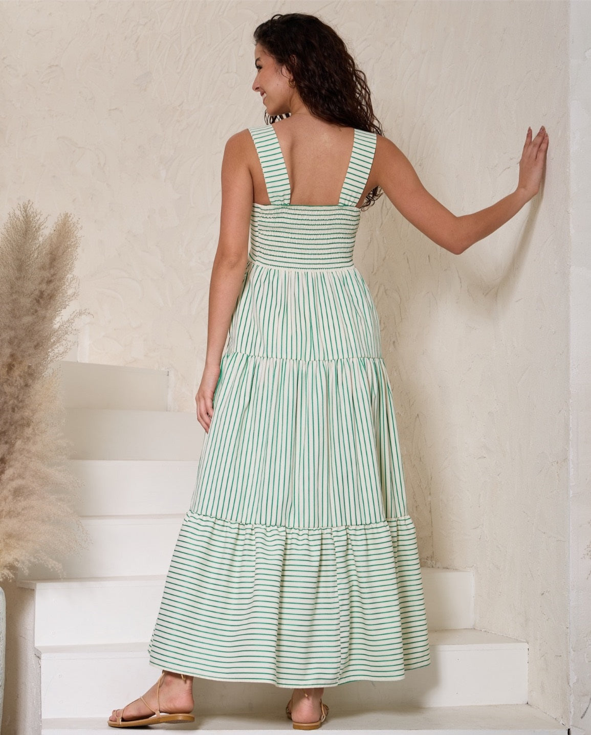 Keiko Green Stripe Tiered Maxi Dress