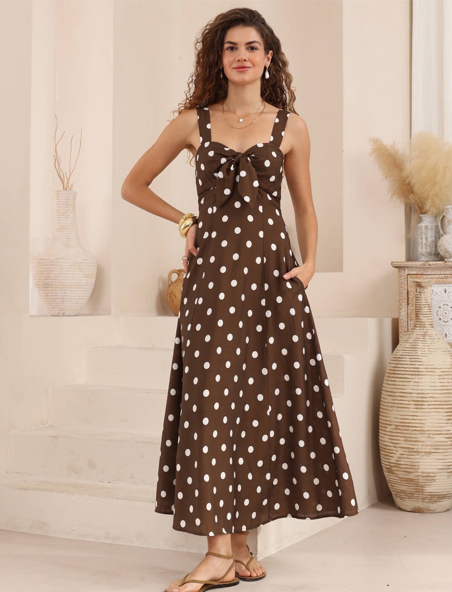 Amy Tie Front Maxi- Brown Spot