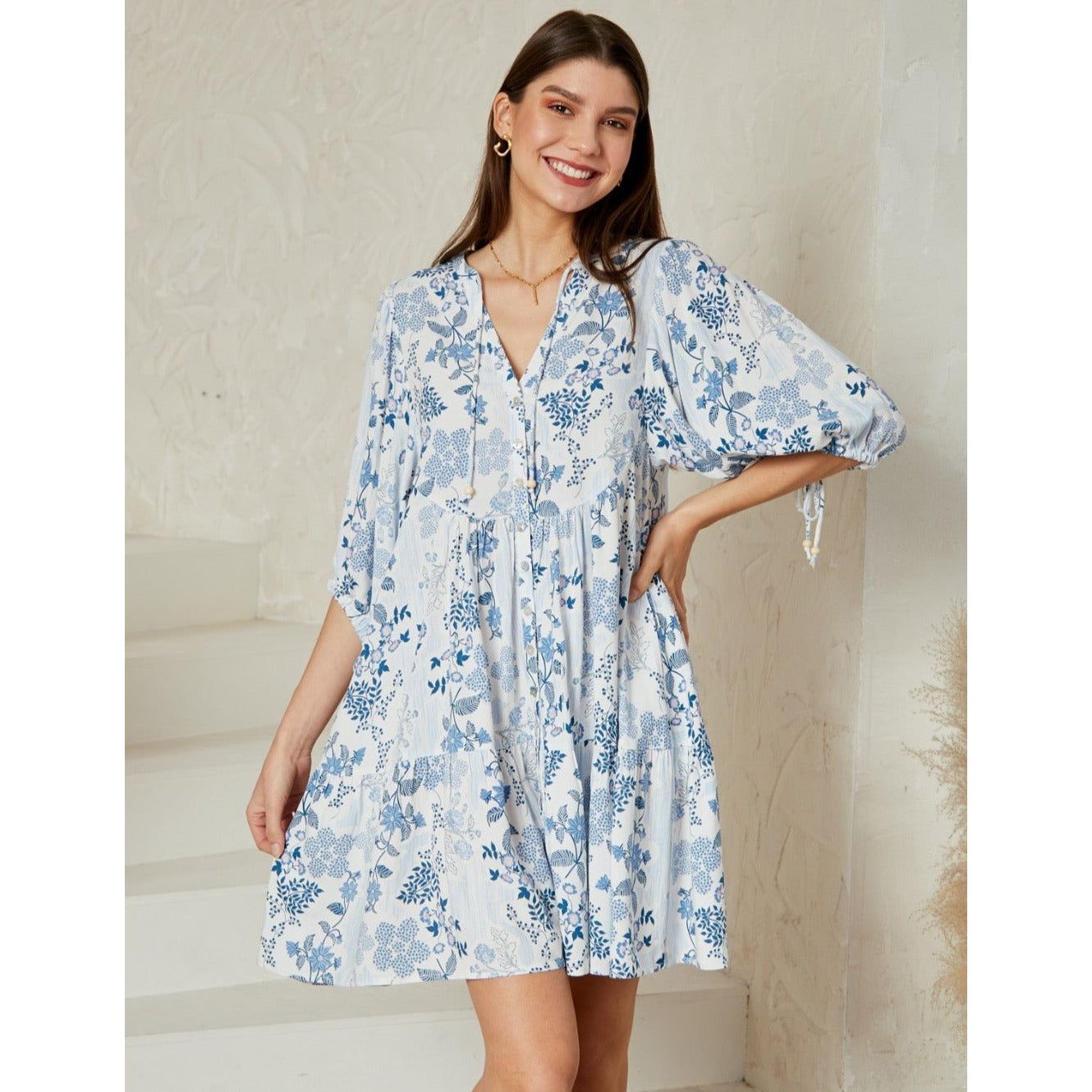 Babydoll Dress - Blue/White Print