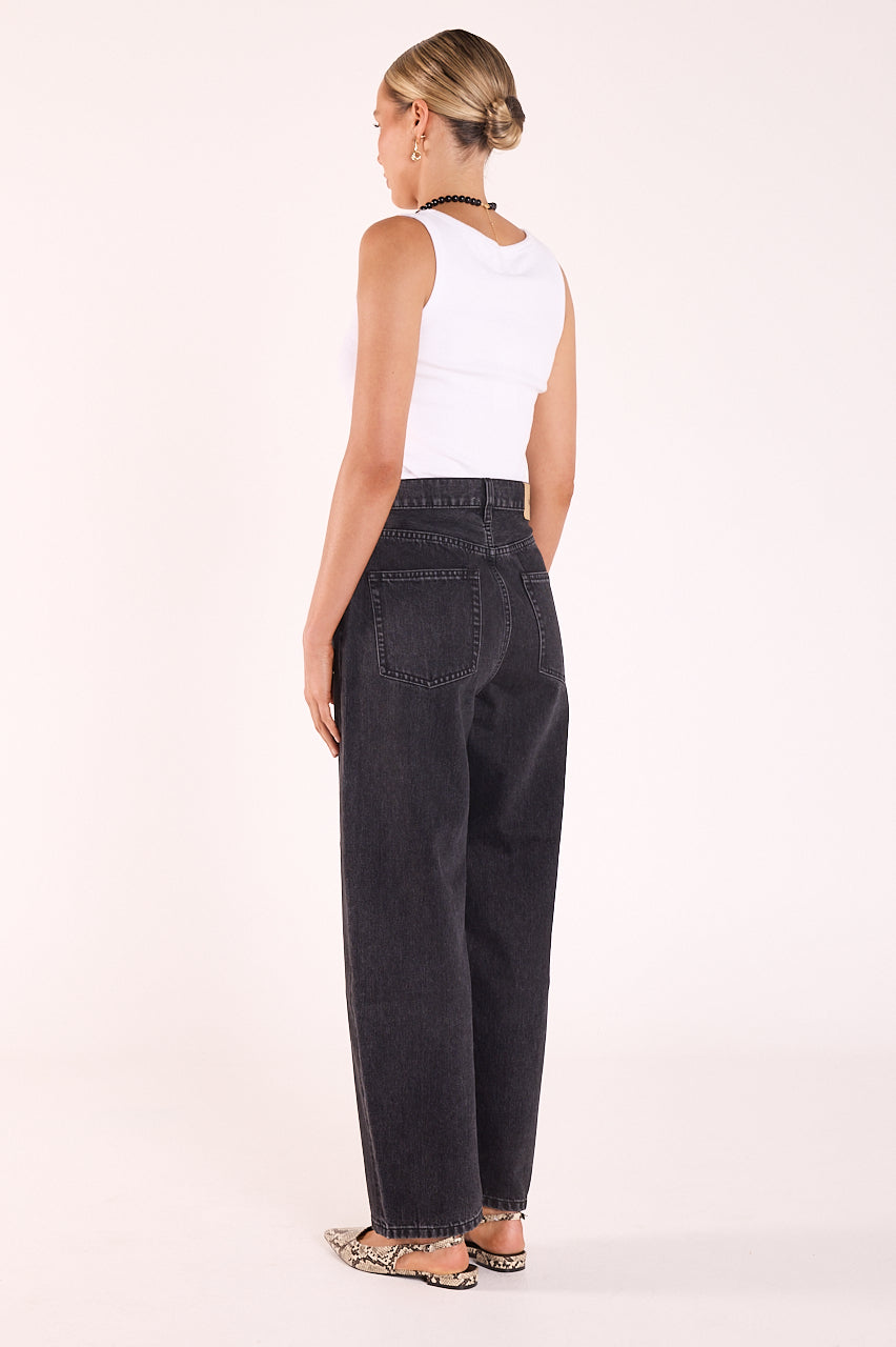 Feather & Noise Lola Barrel Jean in Washed Black, fabric close-up