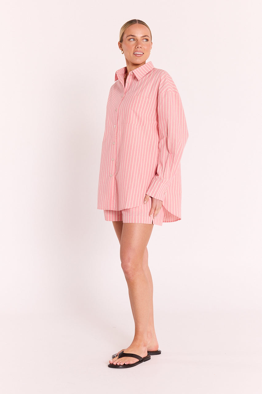 Winnie Shirt Peach Stripe - back view showing slight high-low cut