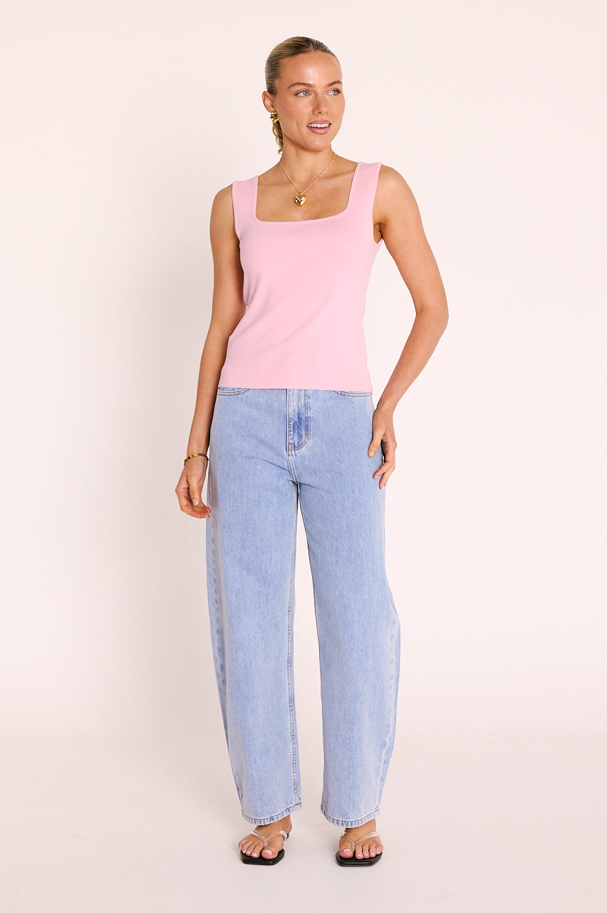 Millie Tank Pink - front view, square neckline detail