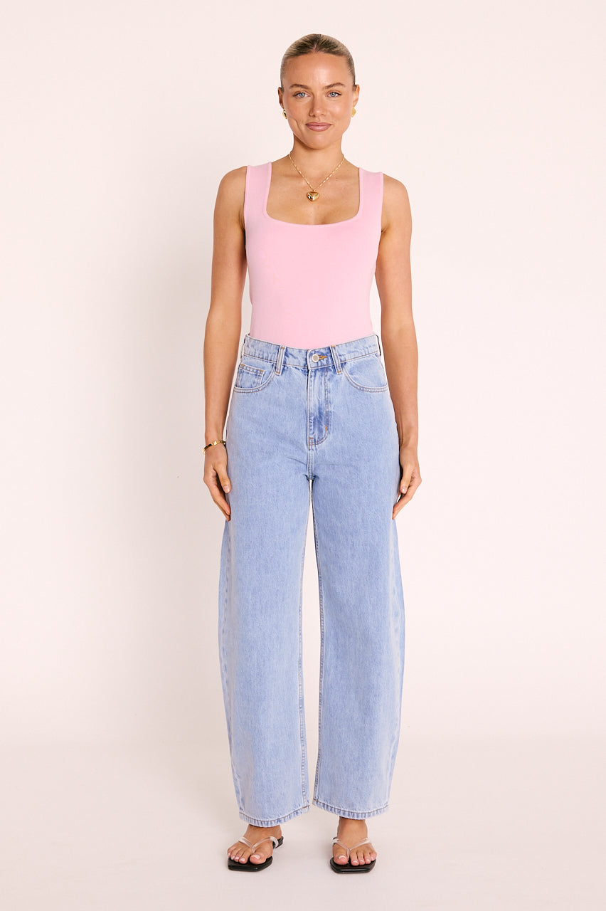 Millie Tank Pink worn - fitted ribbed knit tank top, wide straps