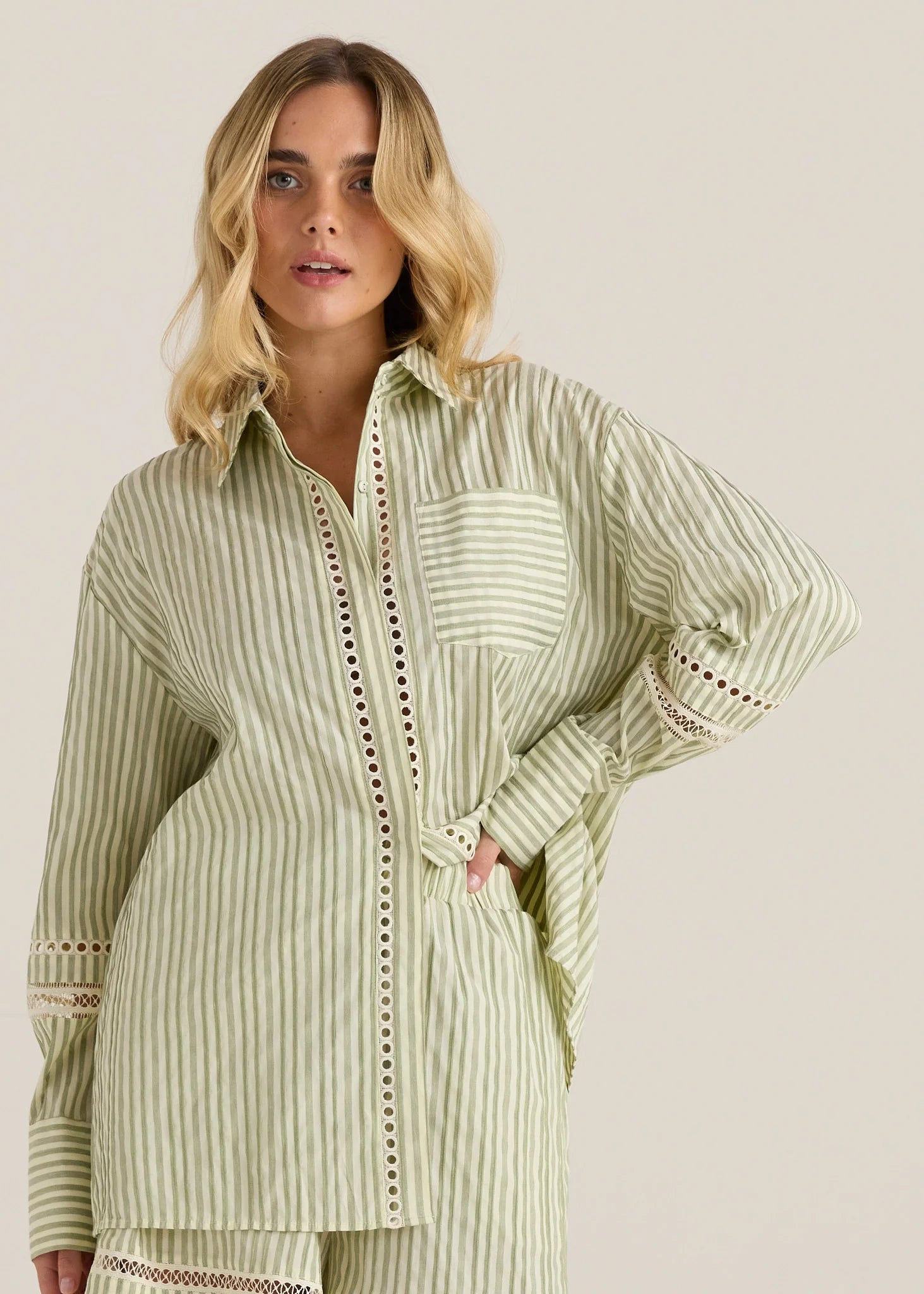 Nerida Trim Shirt - Olive Cream Stripe