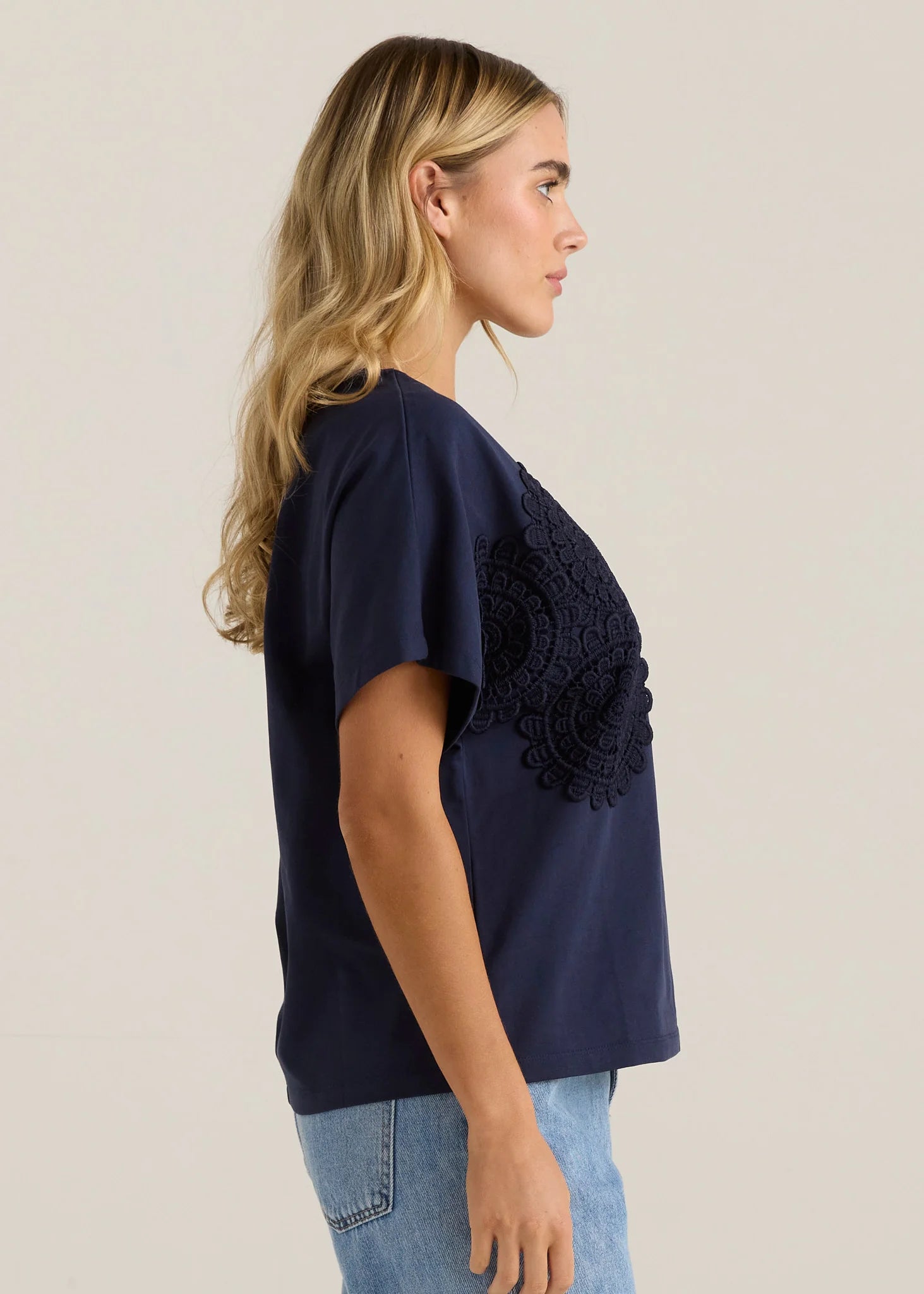 Mira Crochet Tee - Navy