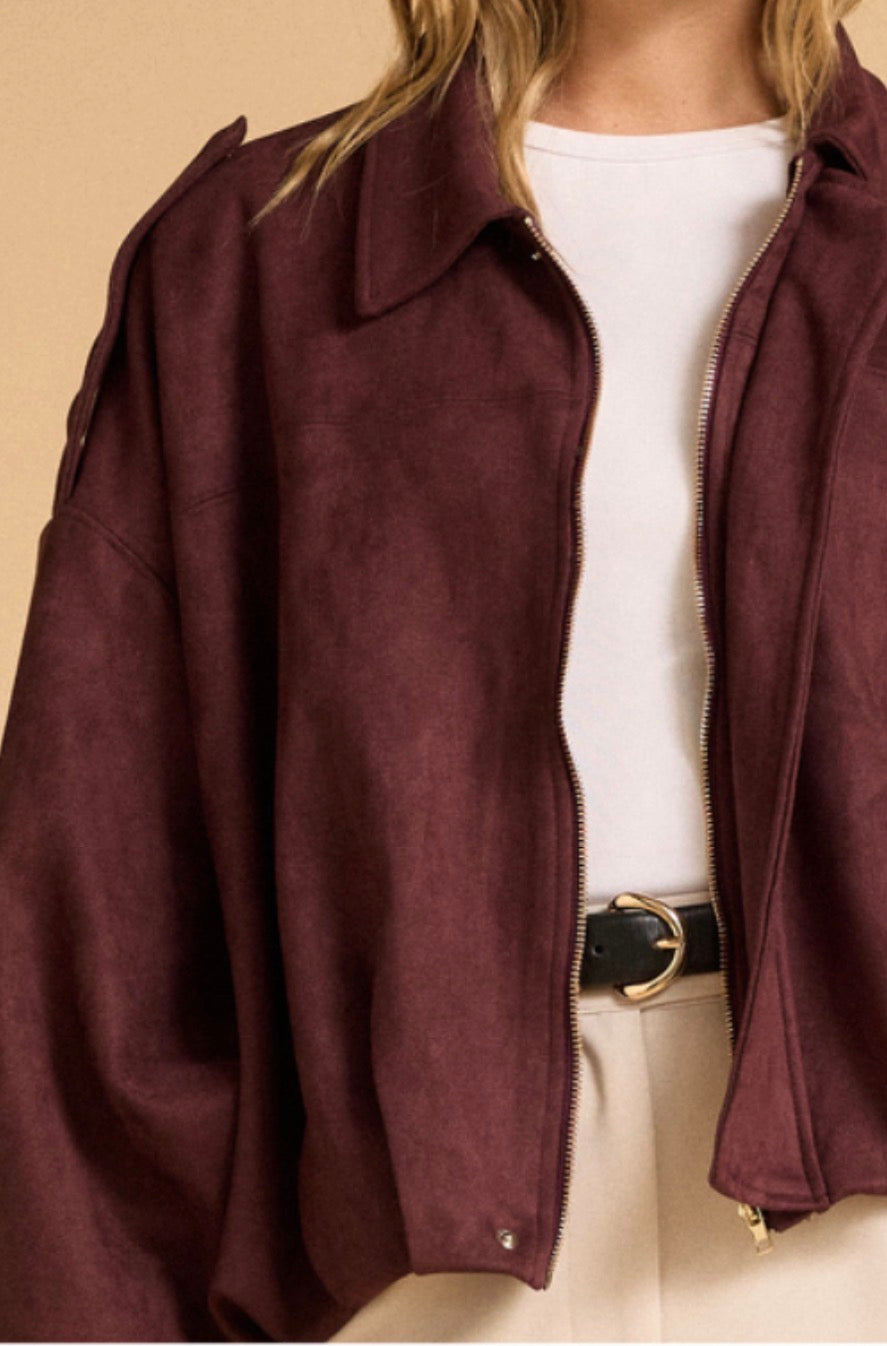 Faux Suede Bomber - Merlot