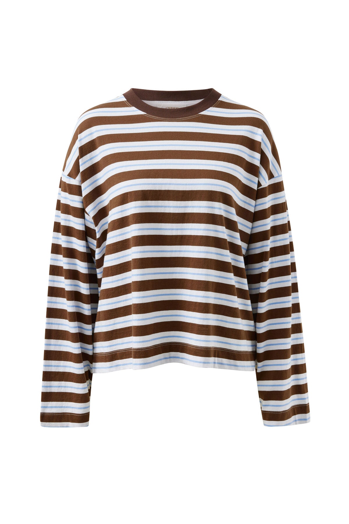 Beau Long Sleeve Slouchy Tee -   cocoa sky blue stripe