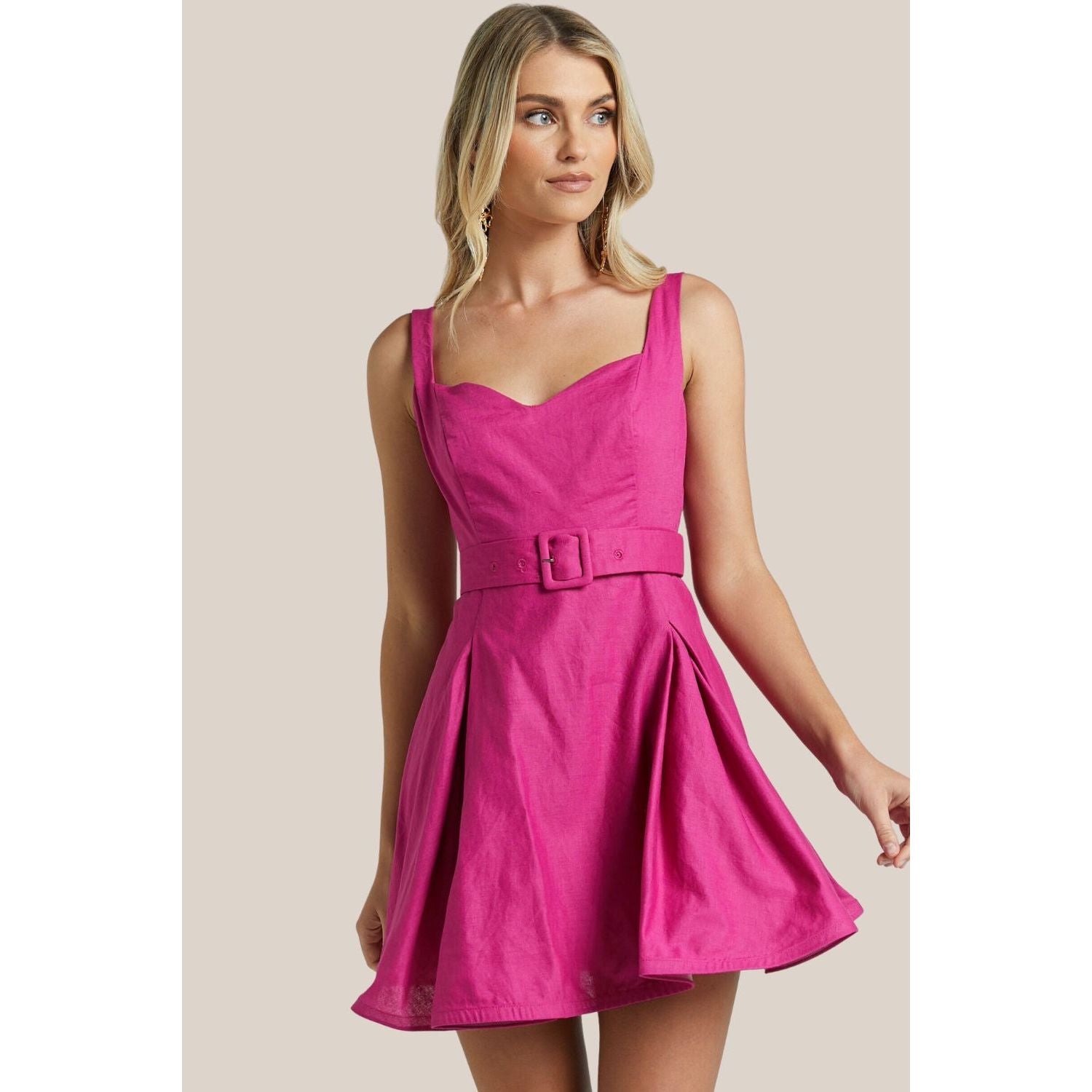 Aureiette Mini Dress - Sweetheart Belted Fit & Flare Mini Dress - Magenta