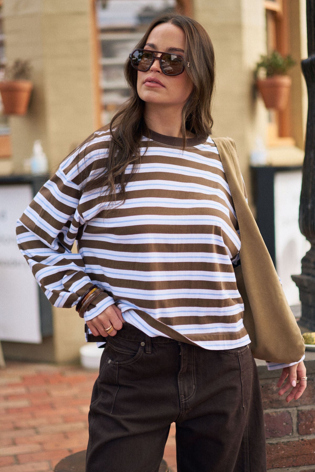 Beau Long Sleeve Slouchy Tee -   cocoa sky blue stripe