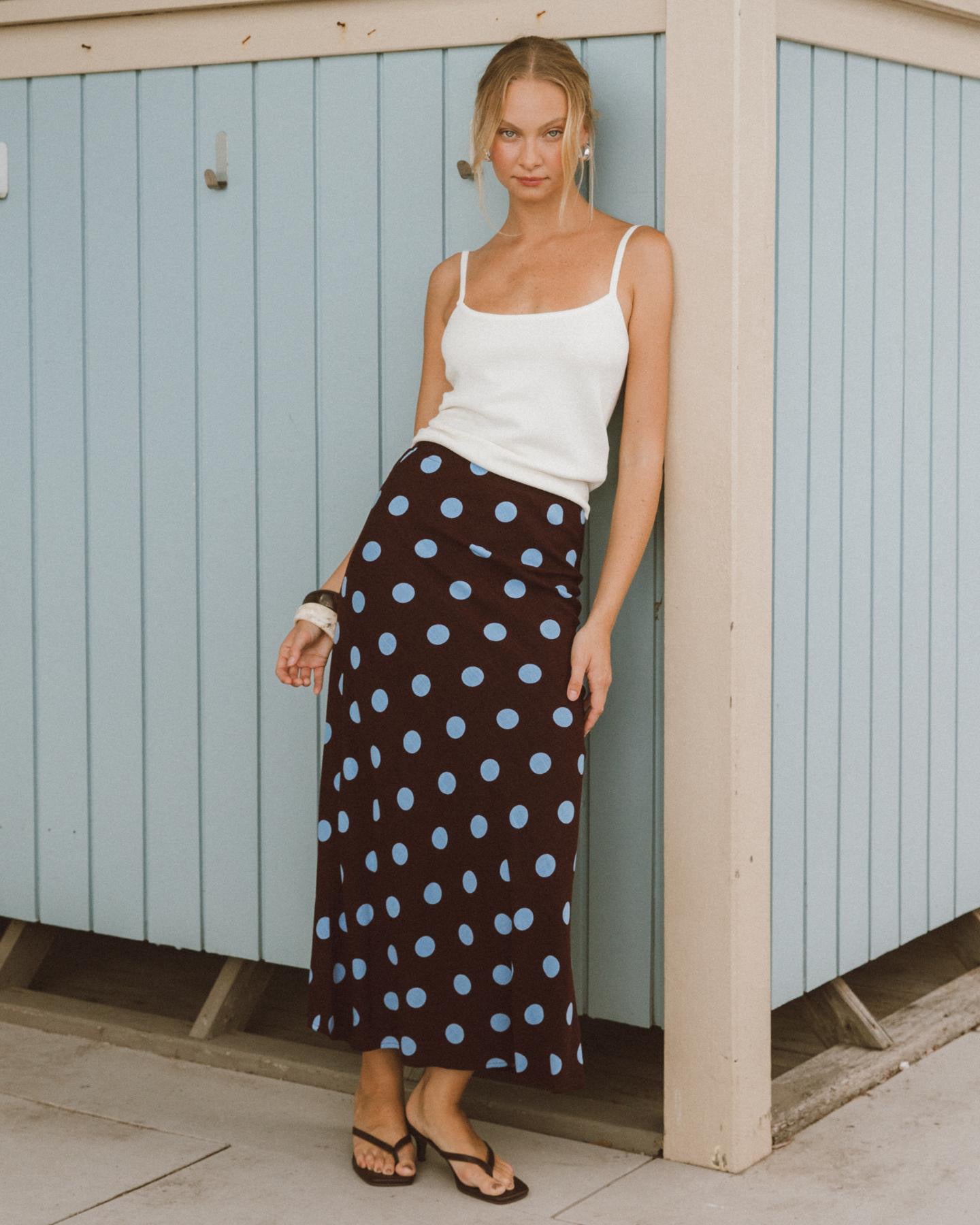 Sabrina Maxi Skirt - Chocolate/Blue Polka Dot