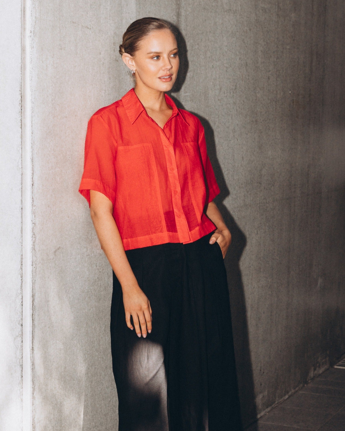 Patch Detail Shirt - Red, collar and button placket detail