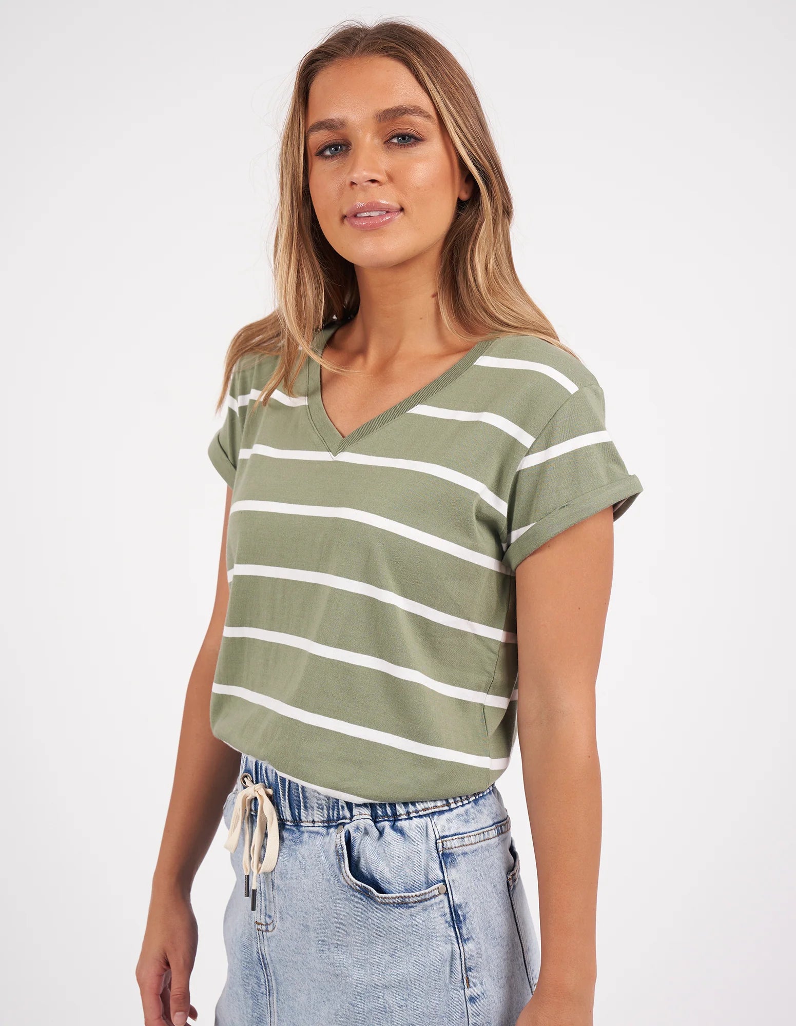 Manly Stripe Vee Tee Sage / White Stripe