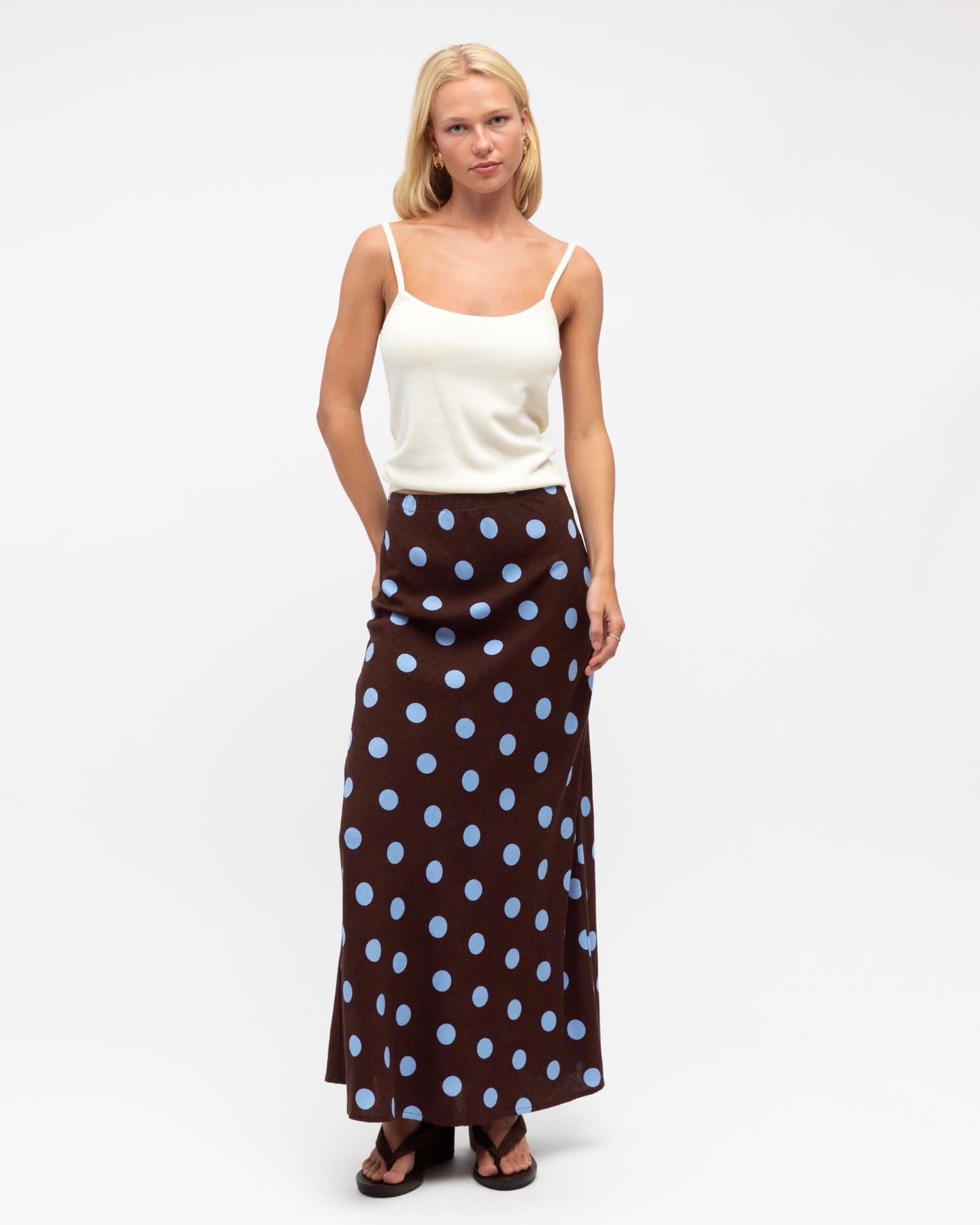 Sabrina Maxi Skirt - Chocolate/Blue Polka Dot