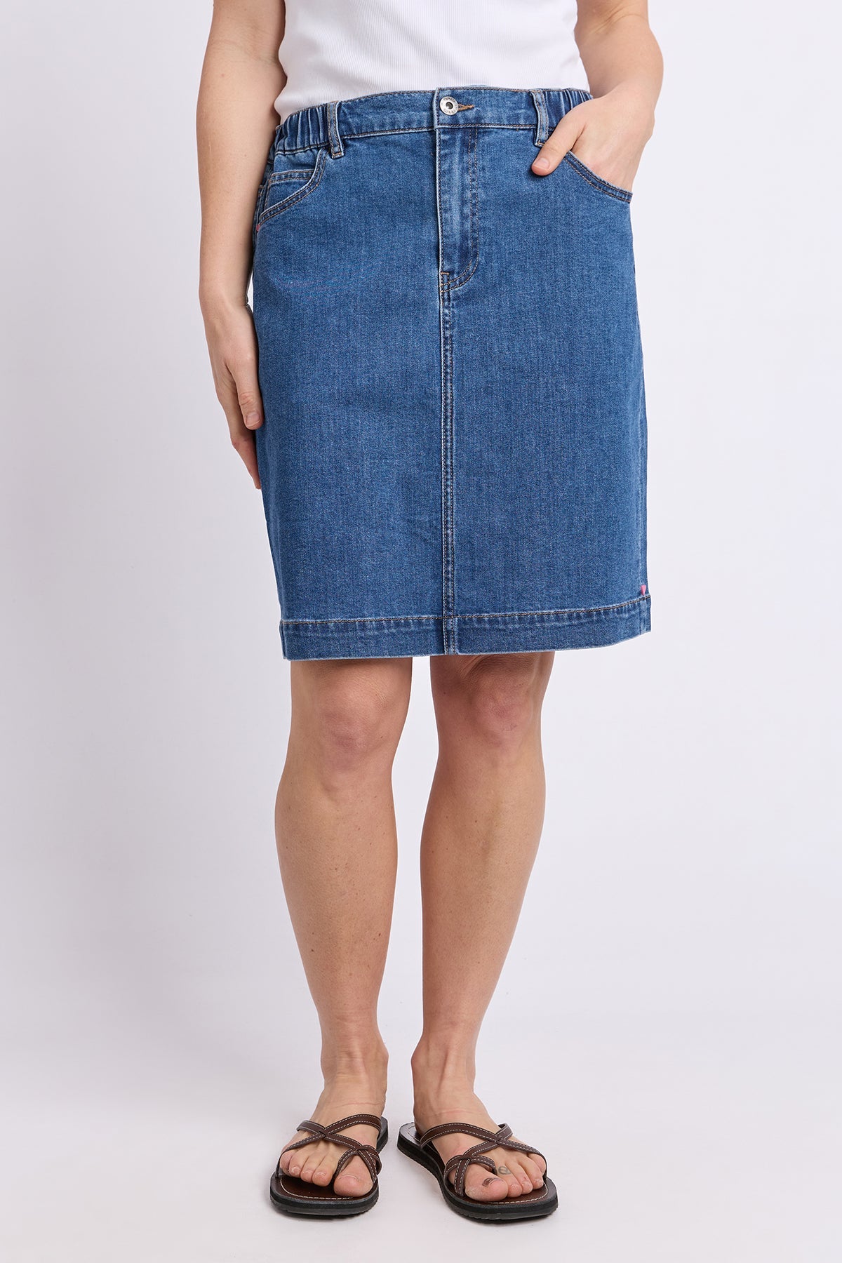 Elm Birdie Denim Skirt in Mid Blue Wash, front view