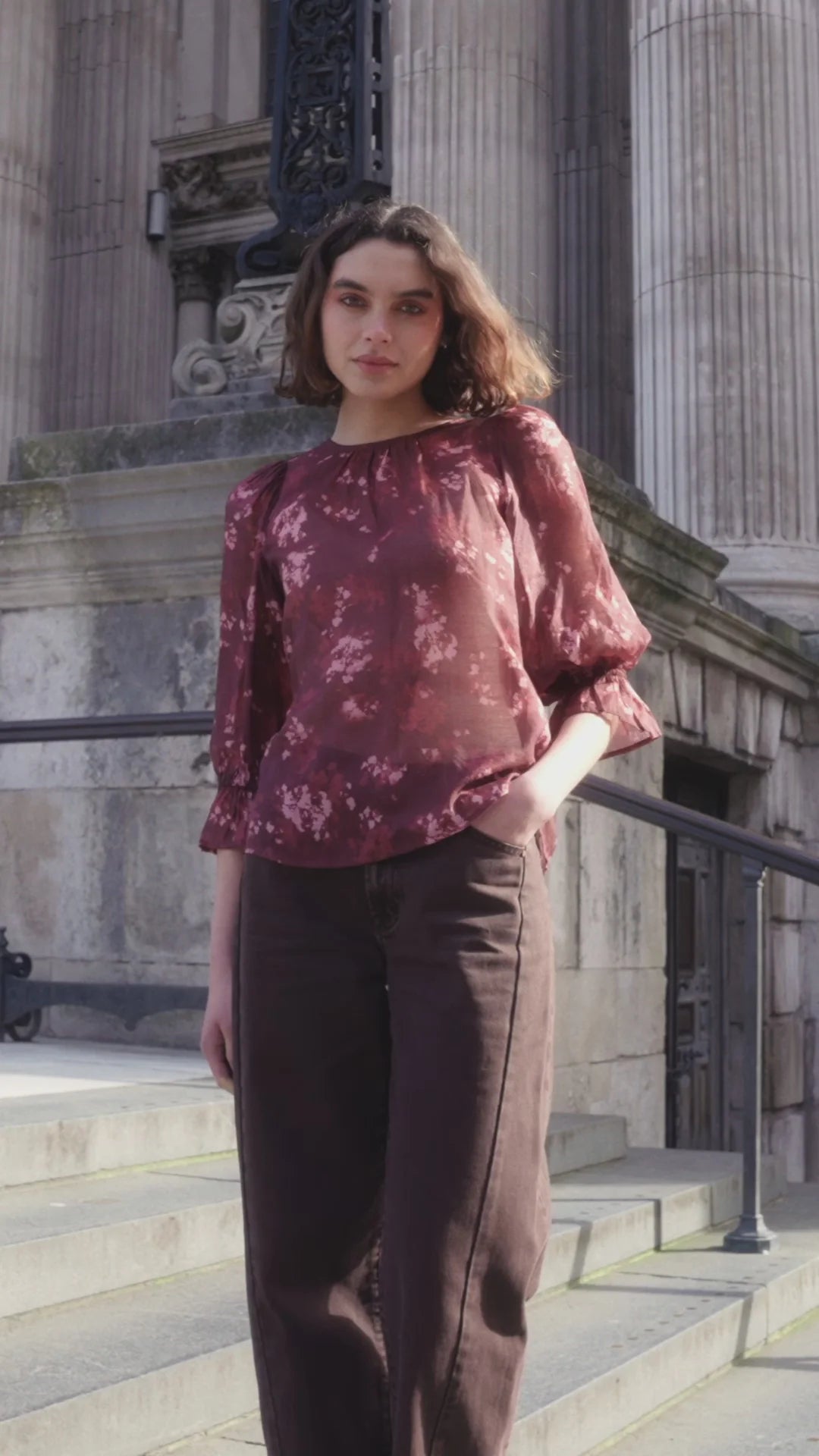 Candid Frill Sleeve Crew Neck Top -Plum Smudge Floral
