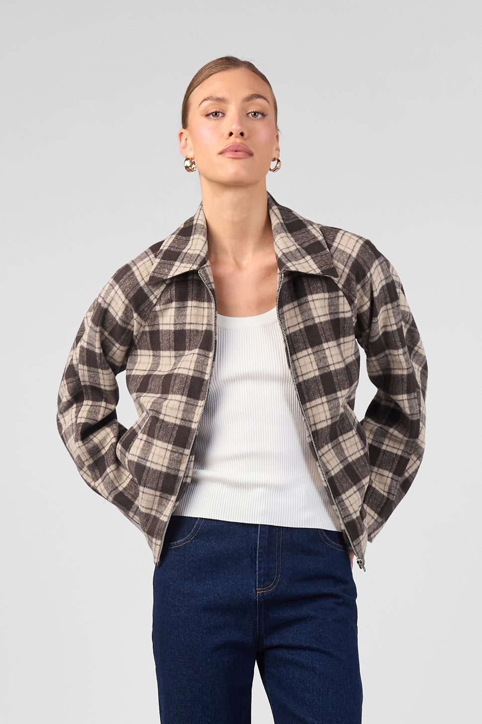 Plaid Short Jacket - Brown