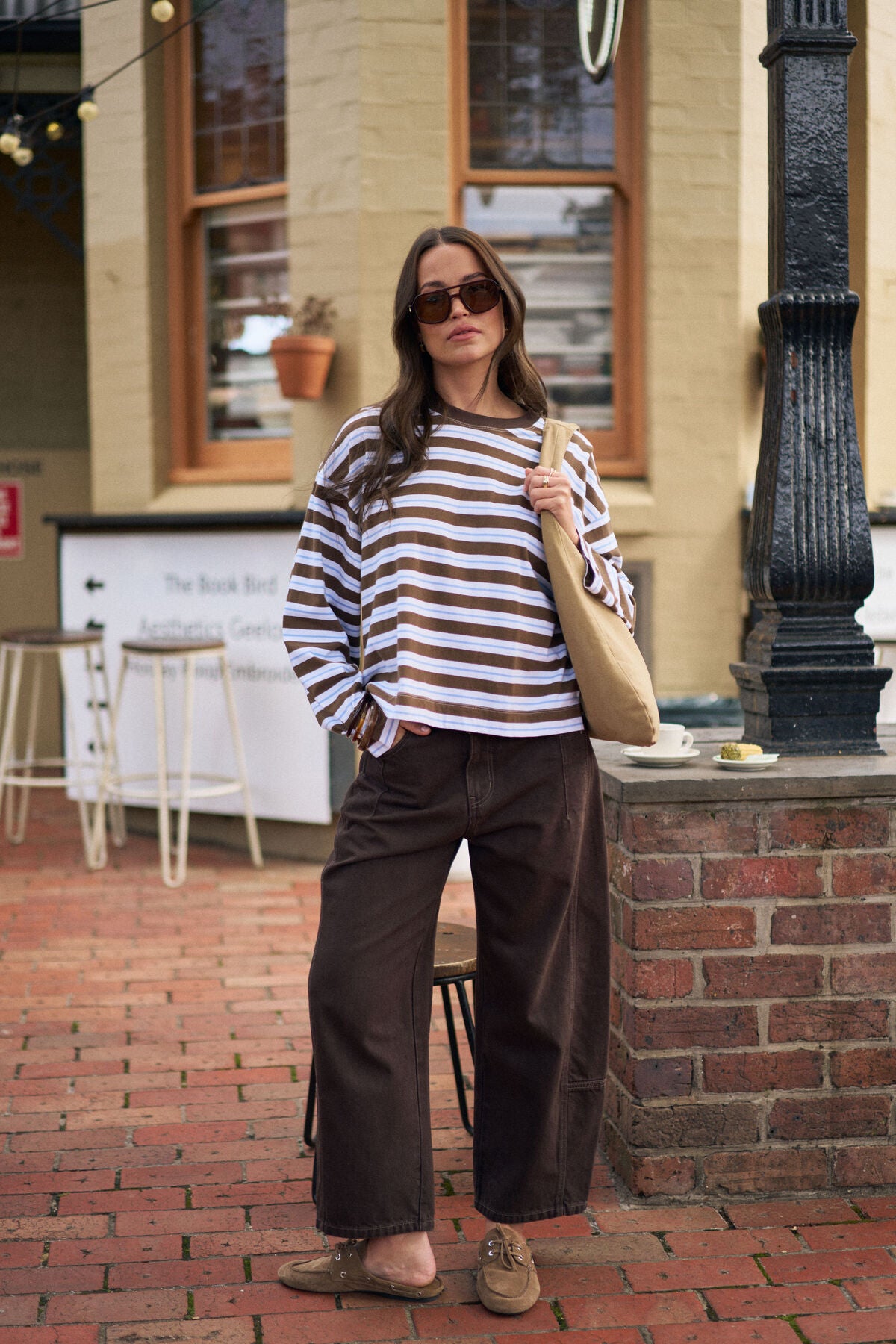 Beau Long Sleeve Slouchy Tee -   cocoa sky blue stripe