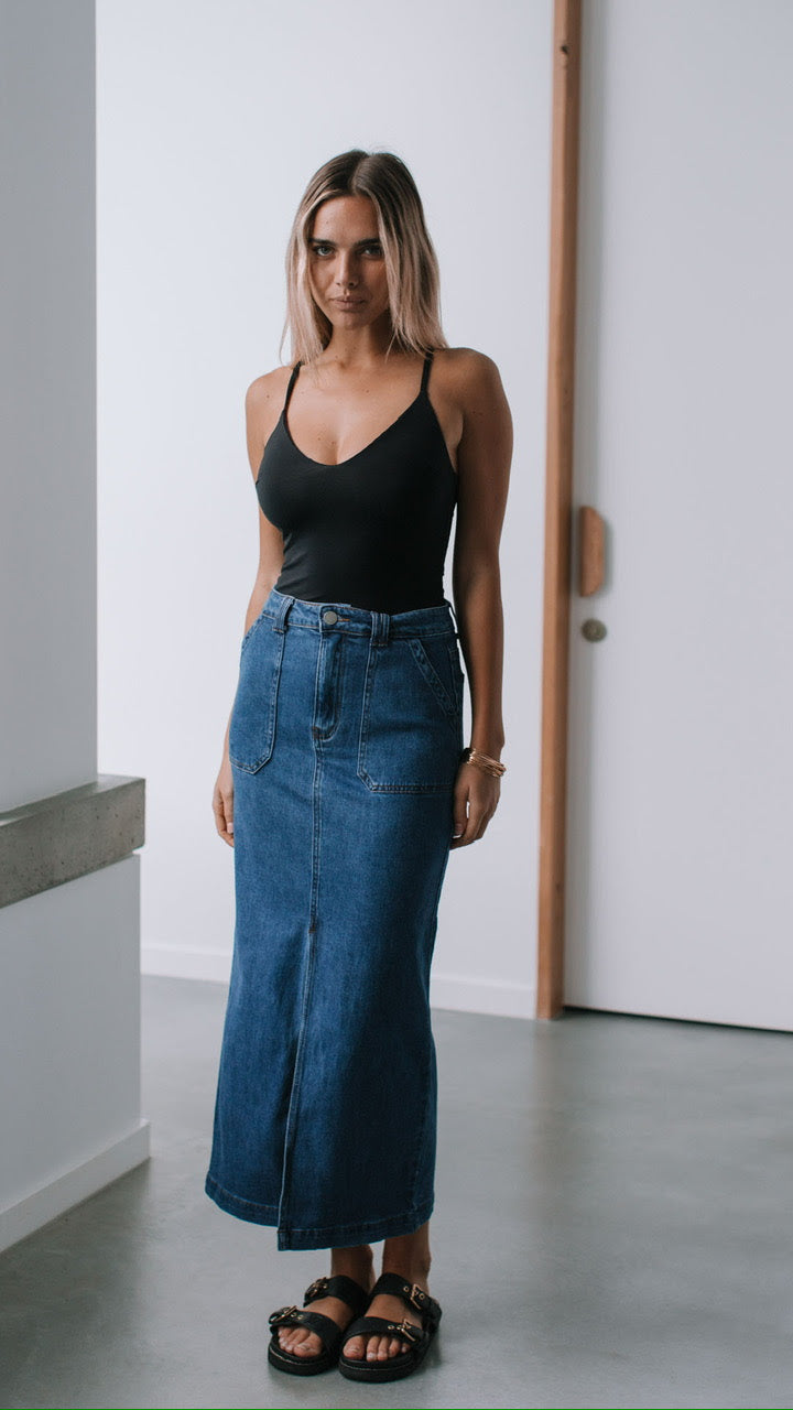 August Split Front Maxi Denim Skirt - Dark Blue