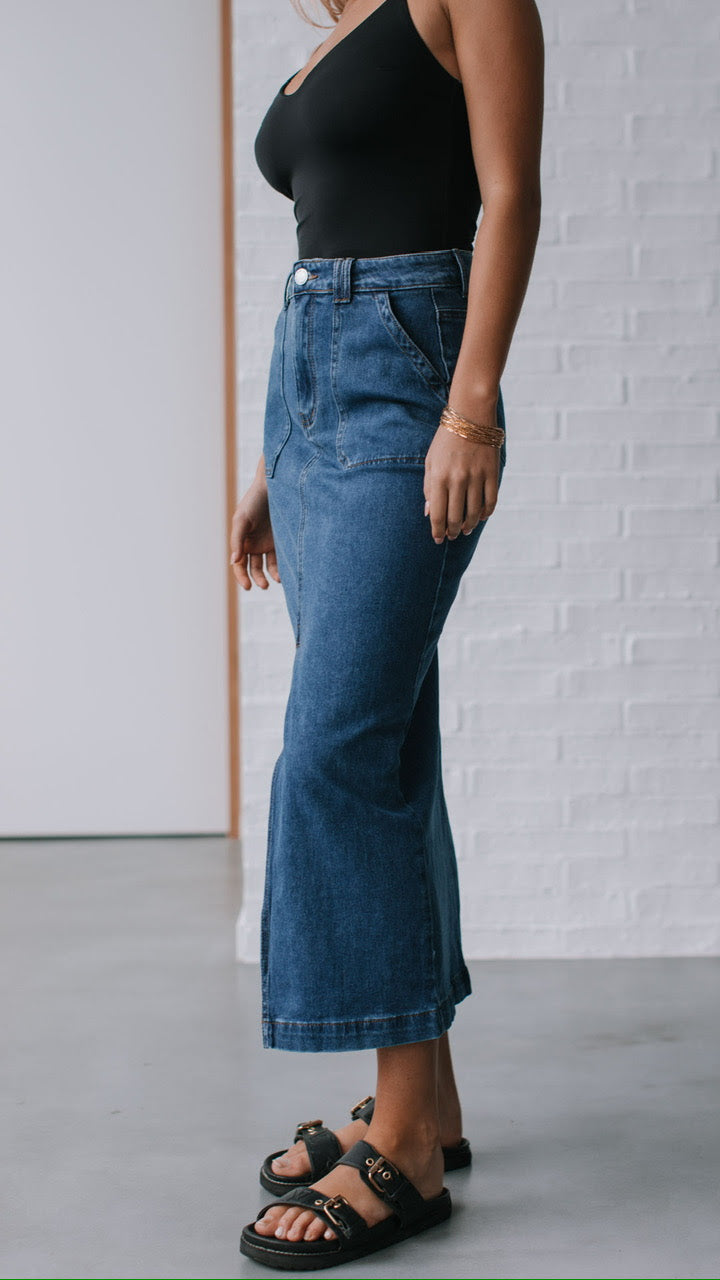 August Split Front Maxi Denim Skirt - Dark Blue