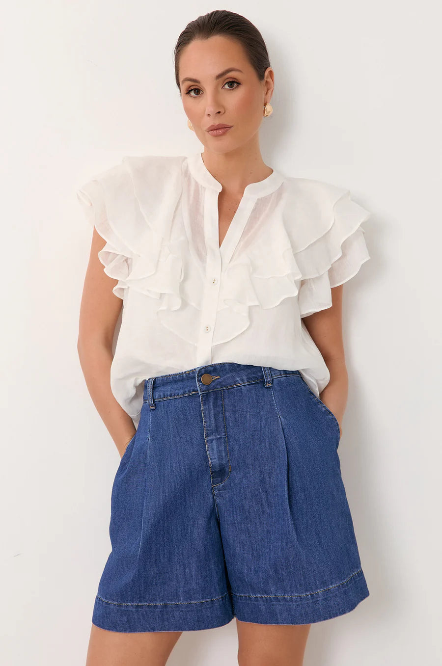 Hayden Pleated Denim Short -Mid Denim