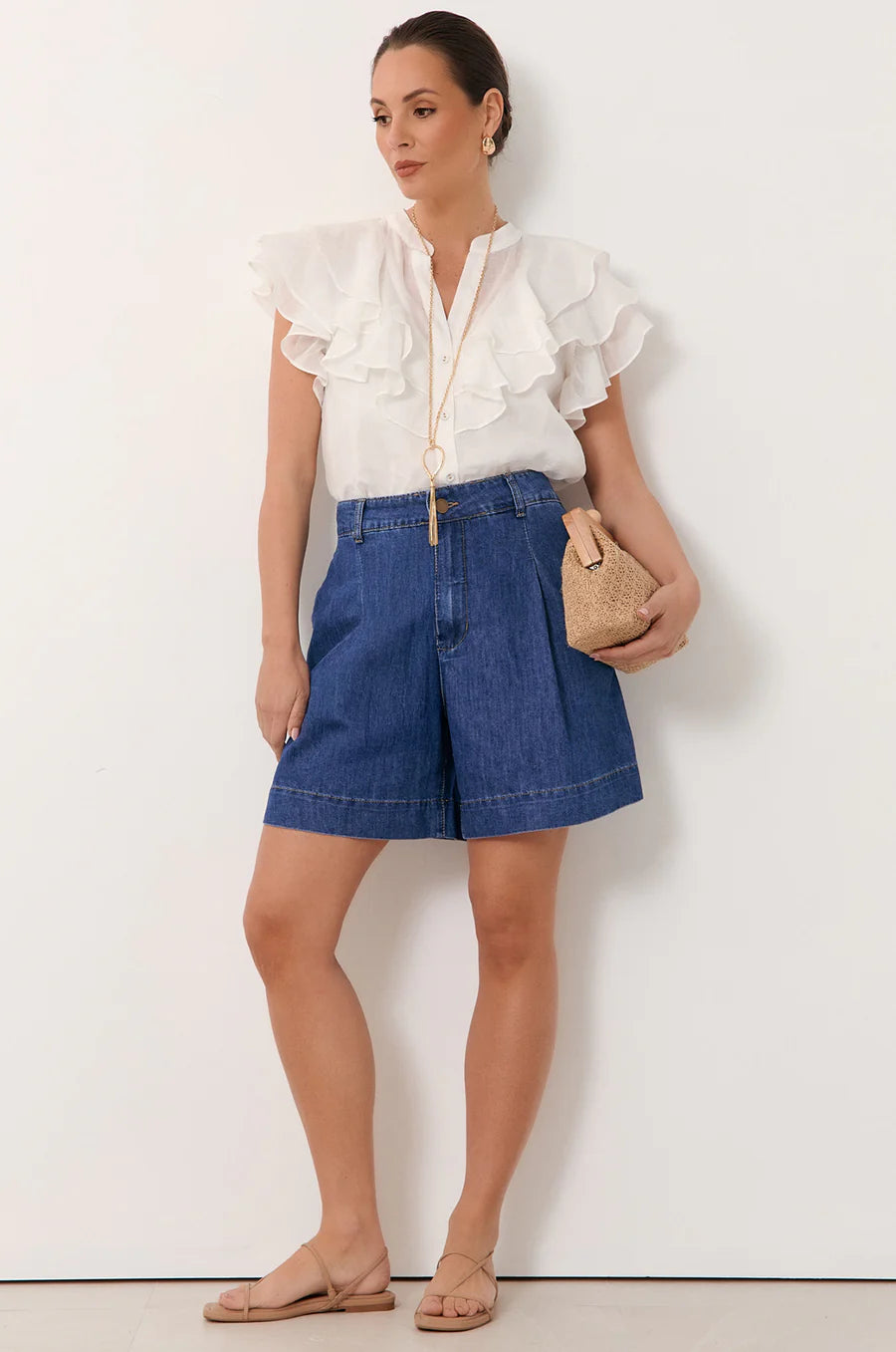 Hayden Pleated Denim Short -Mid Denim