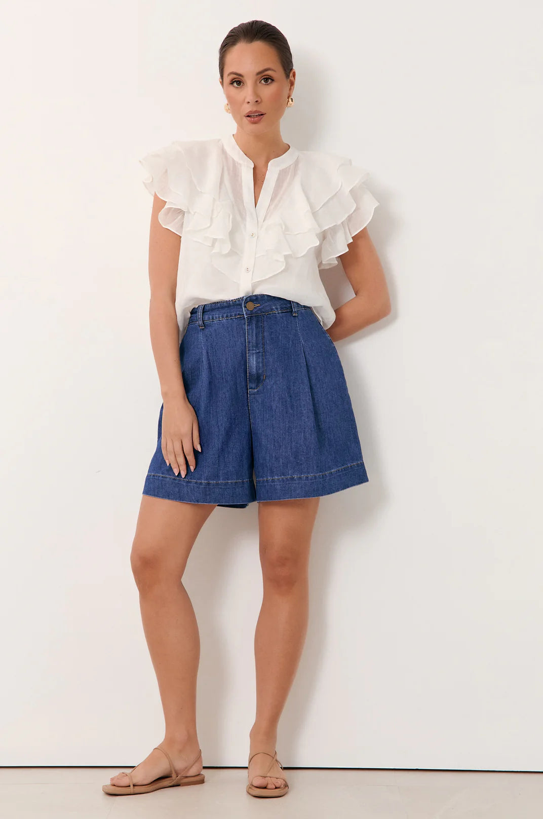 Hayden Pleated Denim Short -Mid Denim