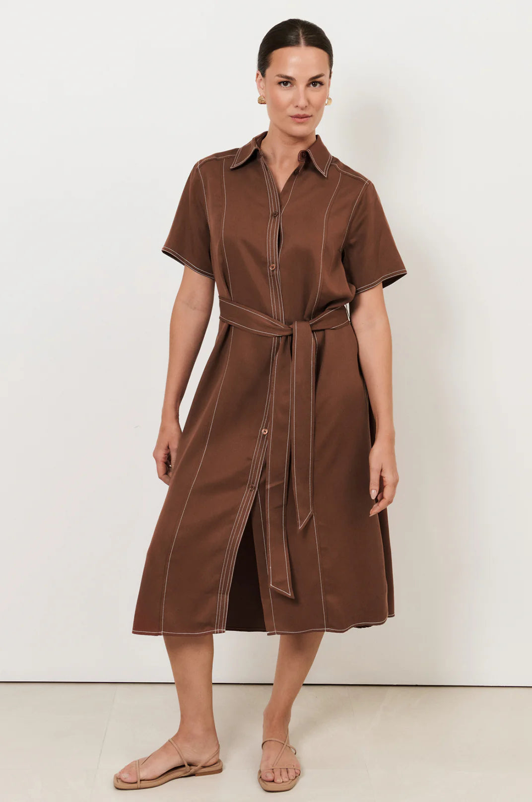Cody Contrast Stitch Short Sleeve Shirt Dress - Chocolate